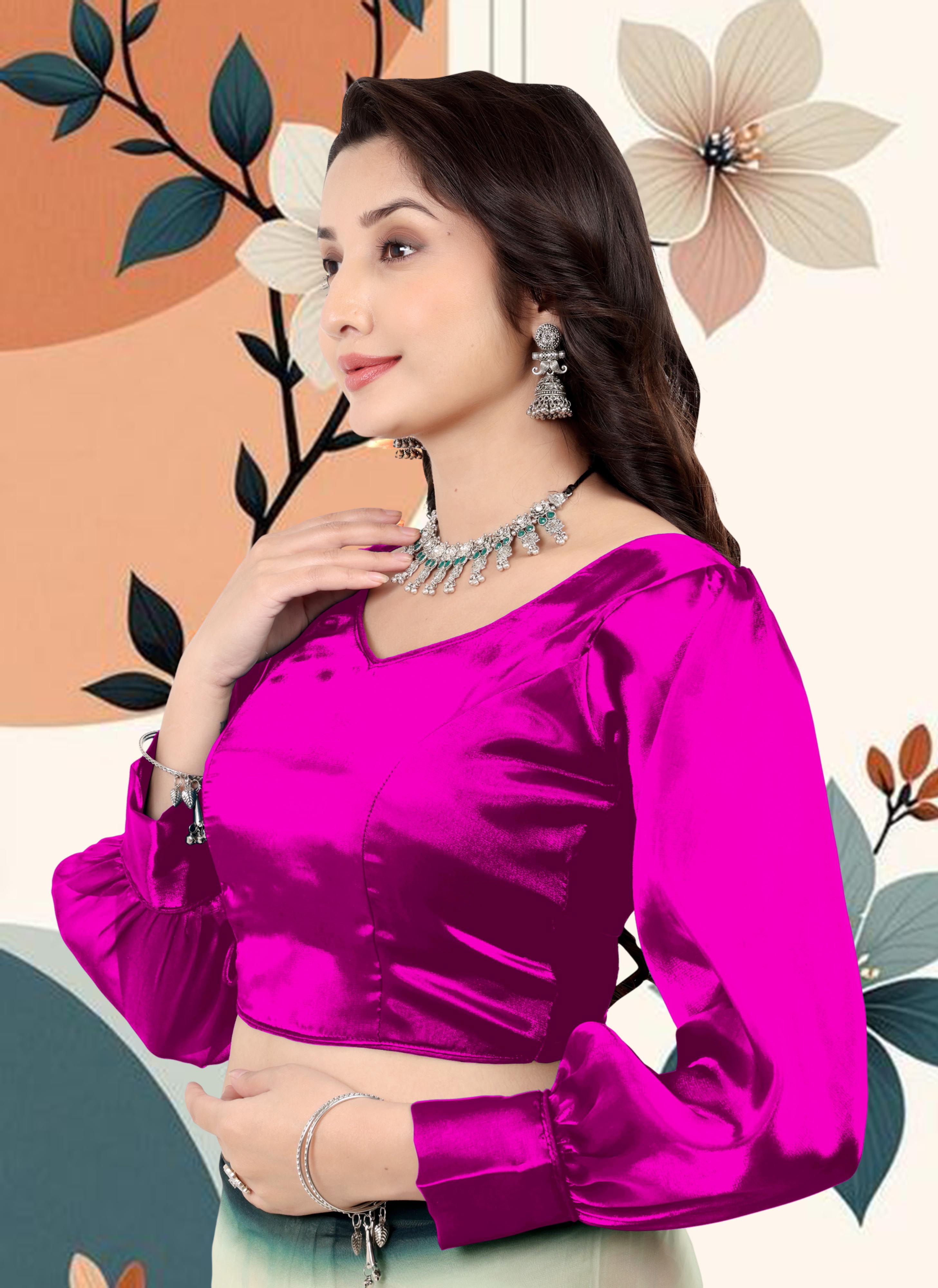 Zimmihoo Organza Party Wear Full Sleeve Blouse, V Neck Trending Saree Readymade Long Balloon Puff Sleeve Saree Blouse, Beautiful Blouse For Women.