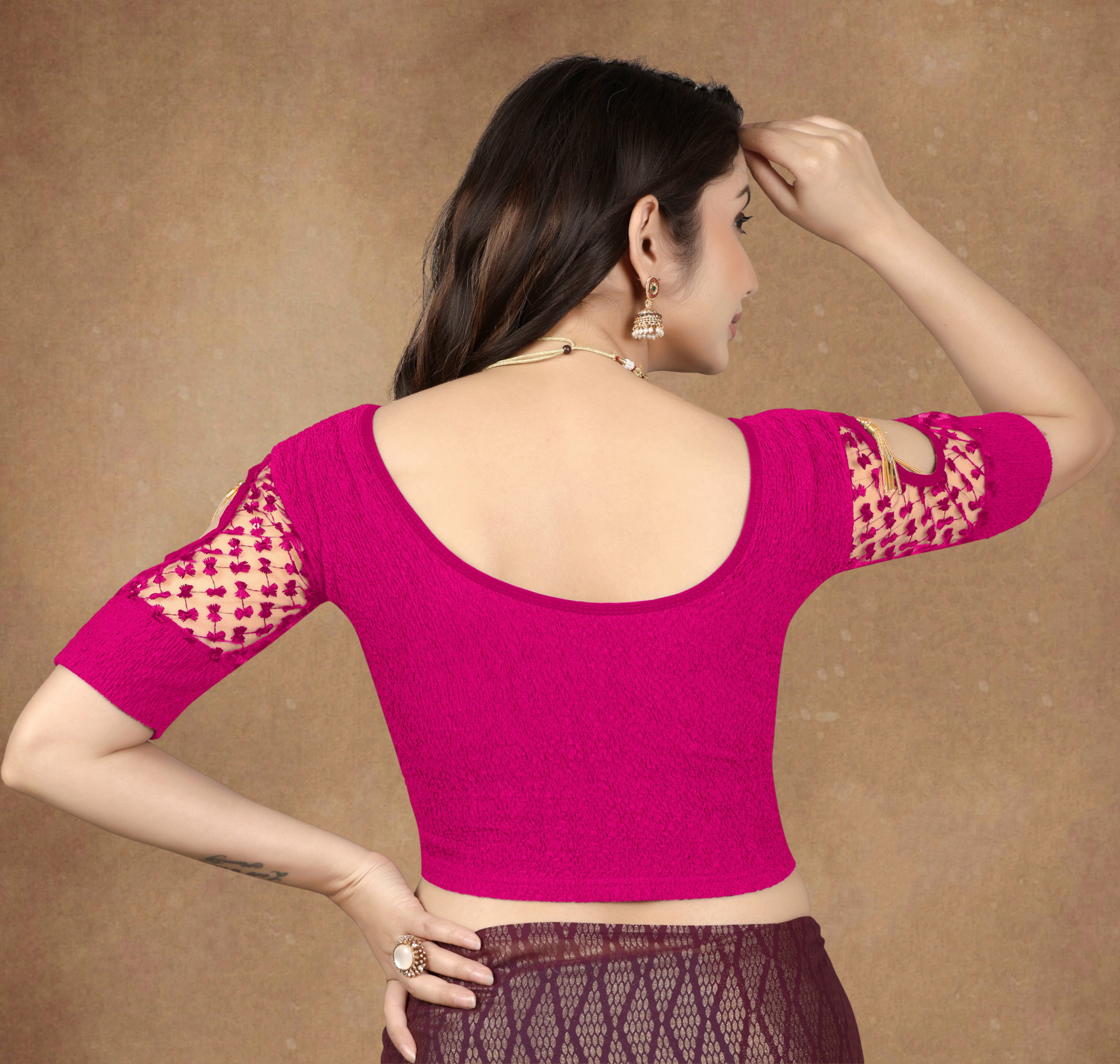 Stretchable Lycra Casual Round Neck Short Sleeves, Solid Lycra Blouse for Women, Fancy and Trendy blouse for girls and women With Stylist Net Pattern, New Designer Blouse