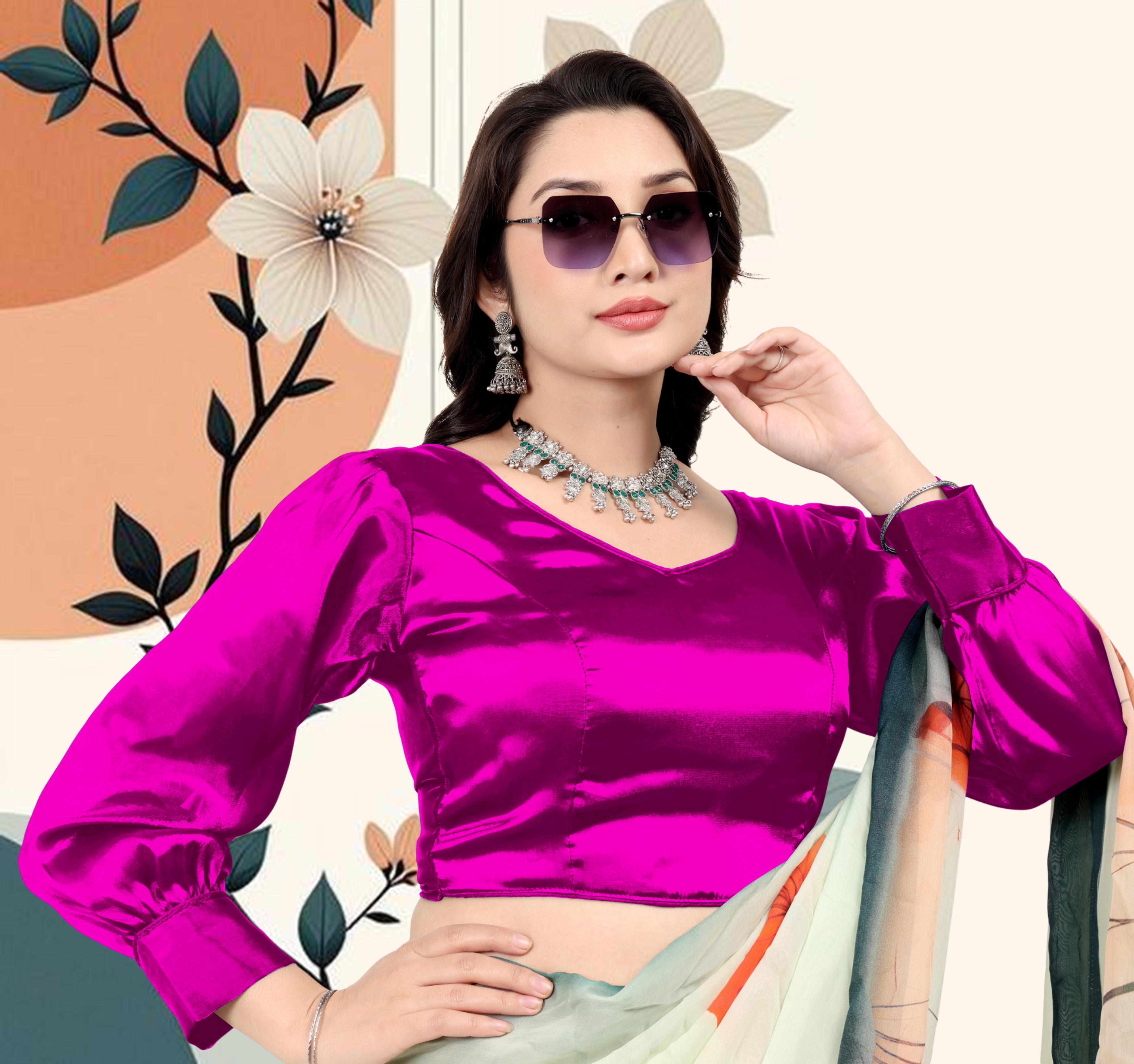 Zimmihoo Organza Party Wear Full Sleeve Blouse, V Neck Trending Saree Readymade Long Balloon Puff Sleeve Saree Blouse, Beautiful Blouse For Women.