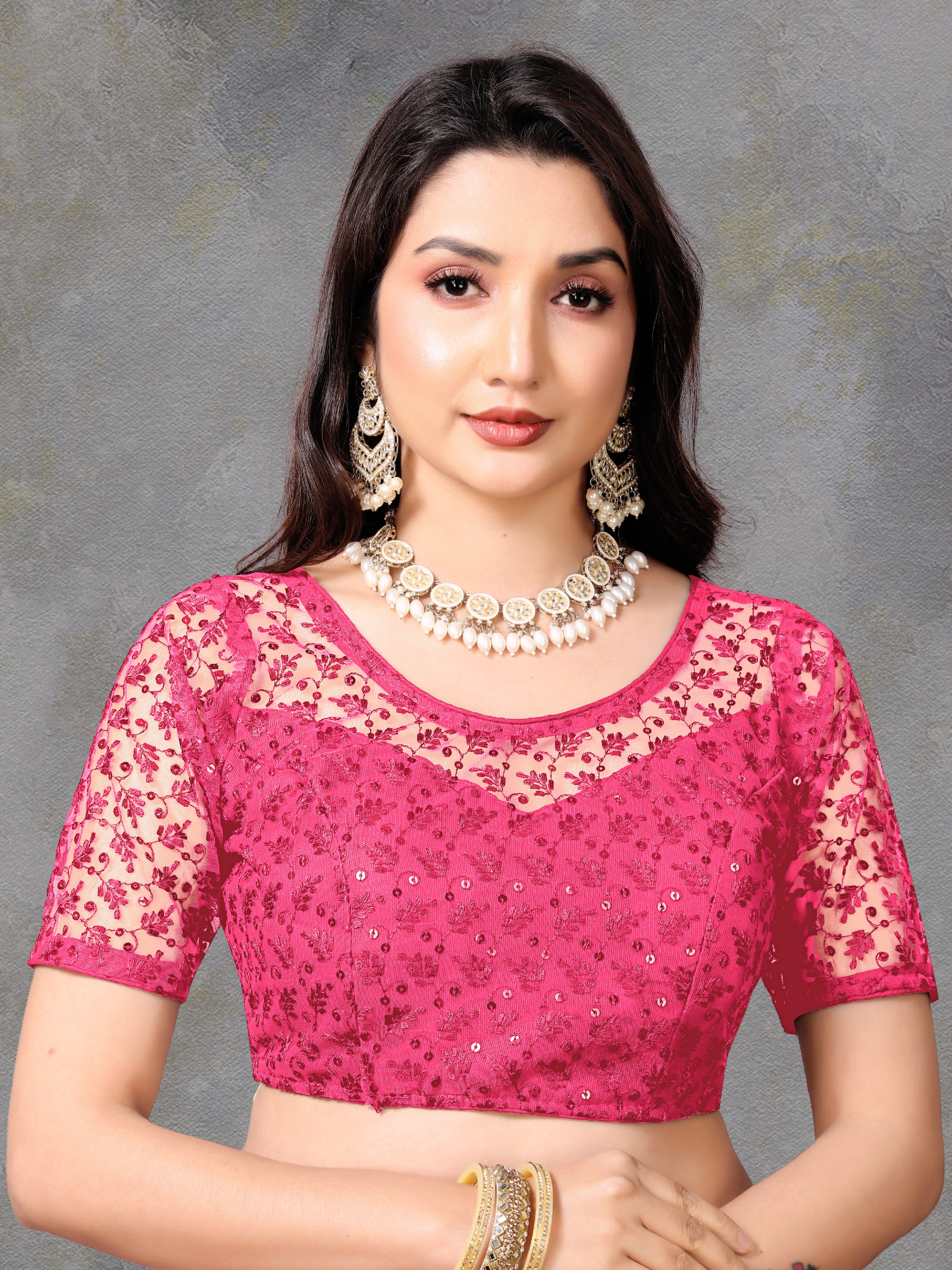 Full Stitched Net Blouse with Embroidery And Stylist Work Ready Made Net Blouse For Women
