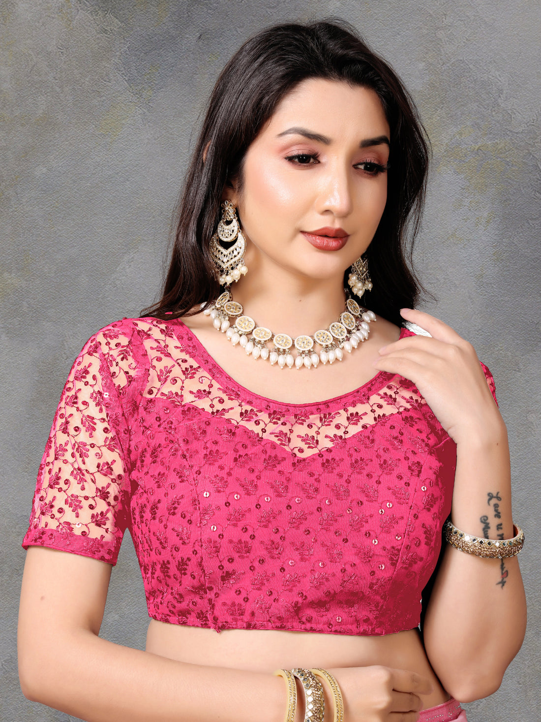 Full Stitched Net Blouse with Embroidery And Stylist Work Ready Made Net Blouse For Women