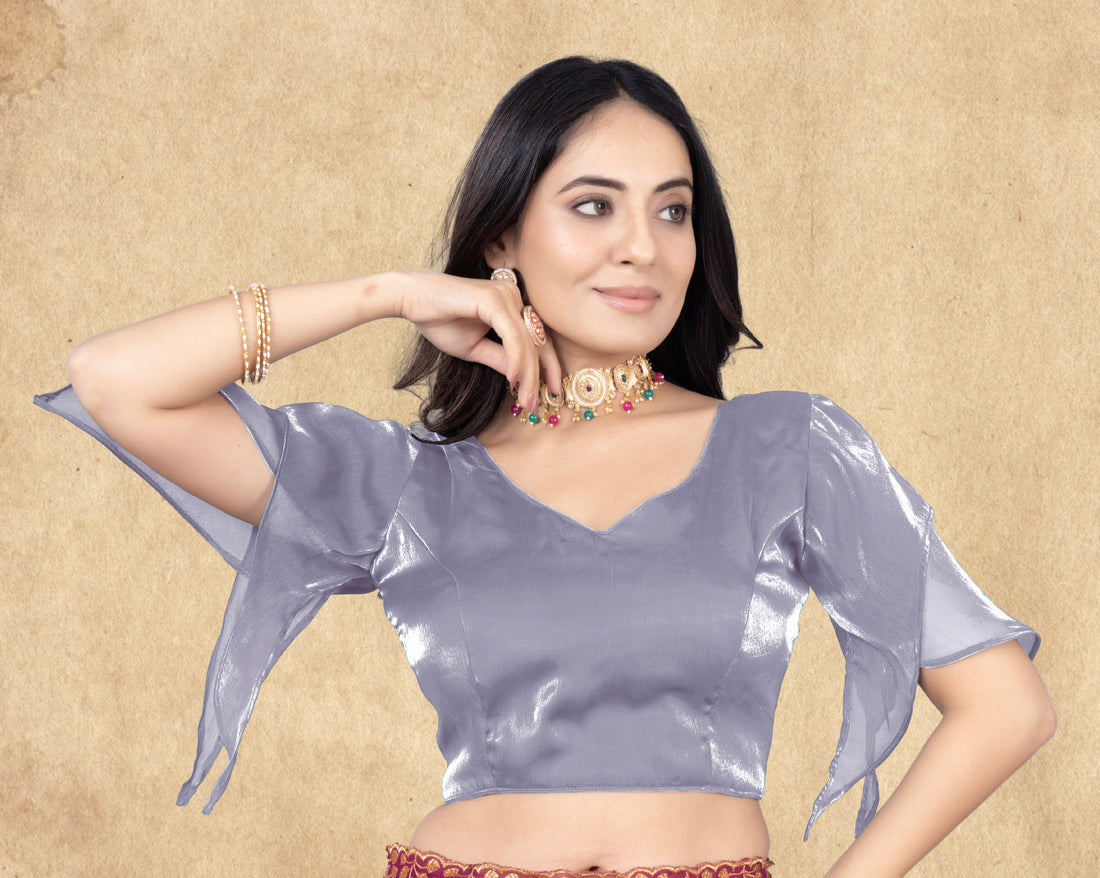 •  Elegant Zimmy  Choo Fabric Saree Blouse for Women with Butterfly Sleeves and Designer Finish, Perfect for Festive Wear, Party Wear and Traditional Occasions