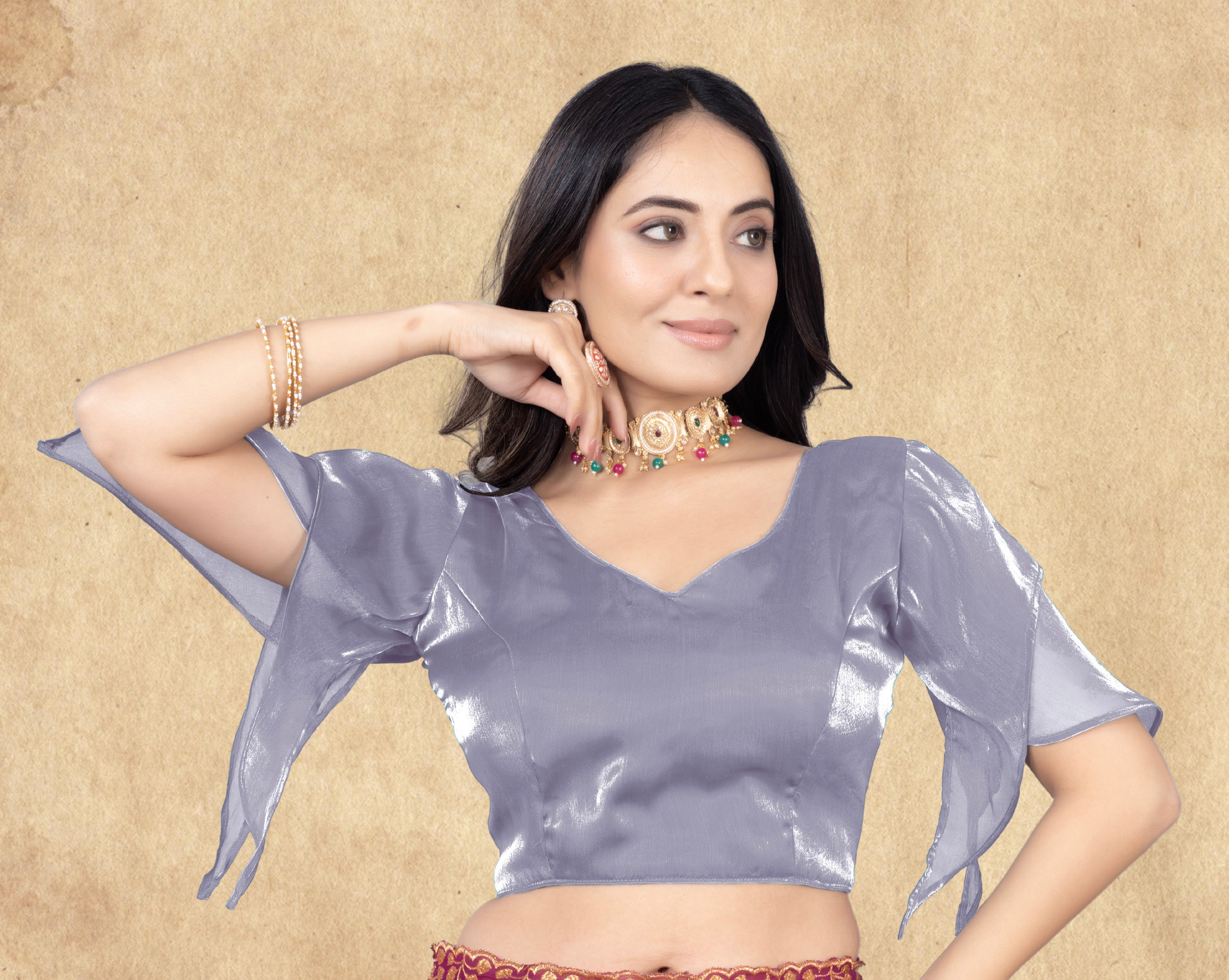 •  Elegant Zimmy  Choo Fabric Saree Blouse for Women with Butterfly Sleeves and Designer Finish, Perfect for Festive Wear, Party Wear and Traditional Occasions