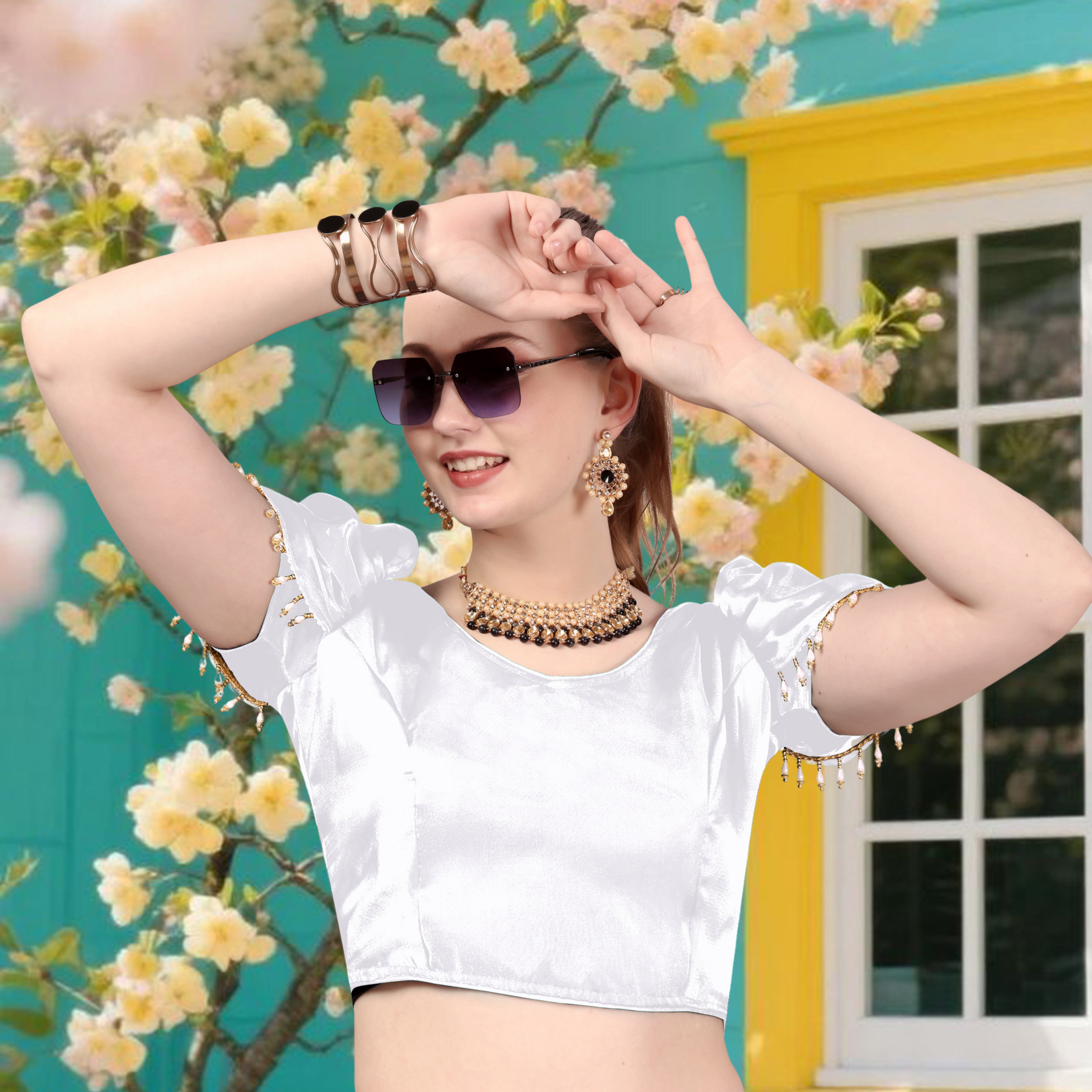 Solid Imported Organza blouse For Women, Zimmy Choo Fabric Blouse For Women, Readymade Blouse, Full Stitched blouse, Fancy Lace On Sleeve, Puff Sleeve Blouse