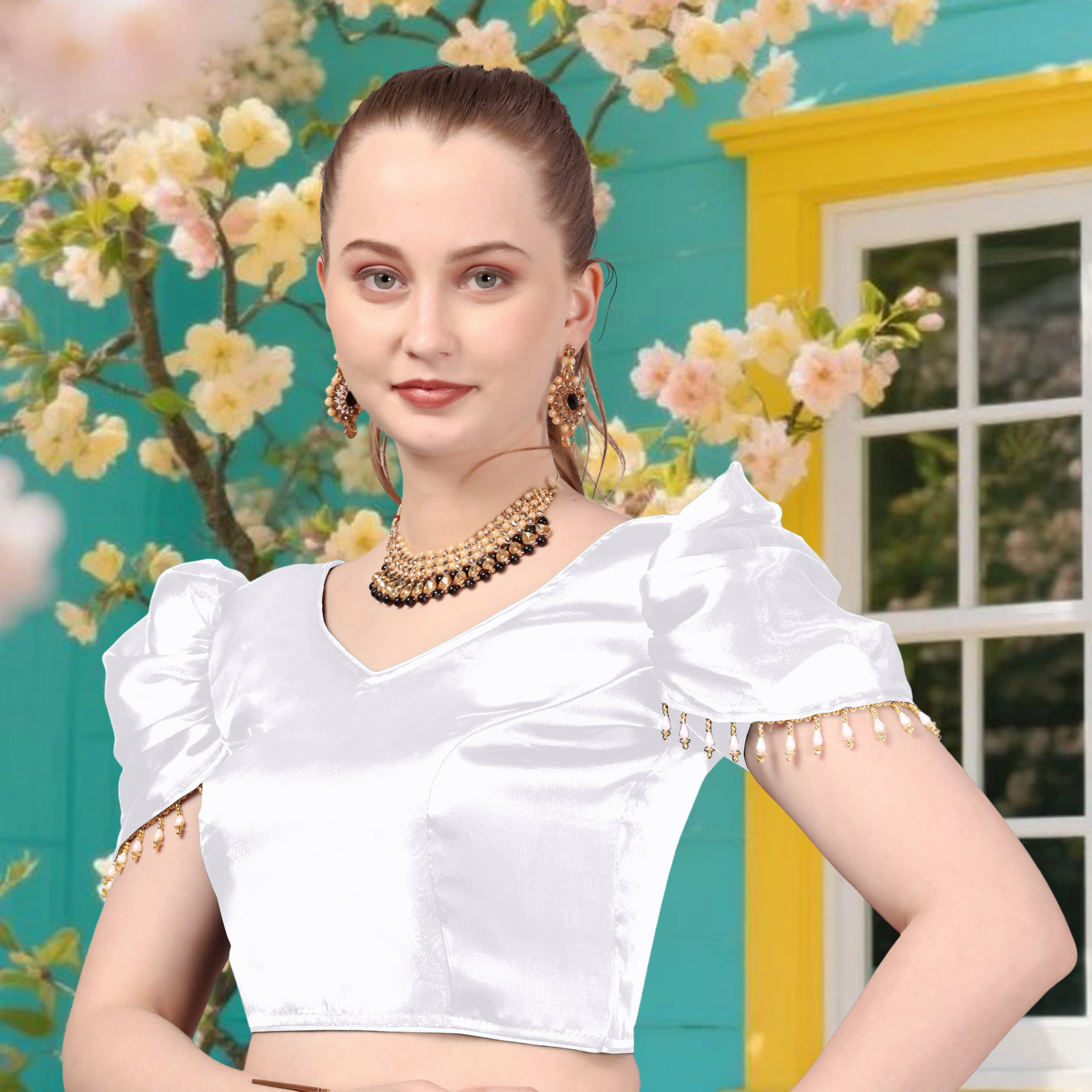 Solid Imported Organza blouse For Women, Zimmy Choo Fabric Blouse For Women, Readymade Blouse, Full Stitched blouse, Fancy Lace On Sleeve, Puff Sleeve Blouse