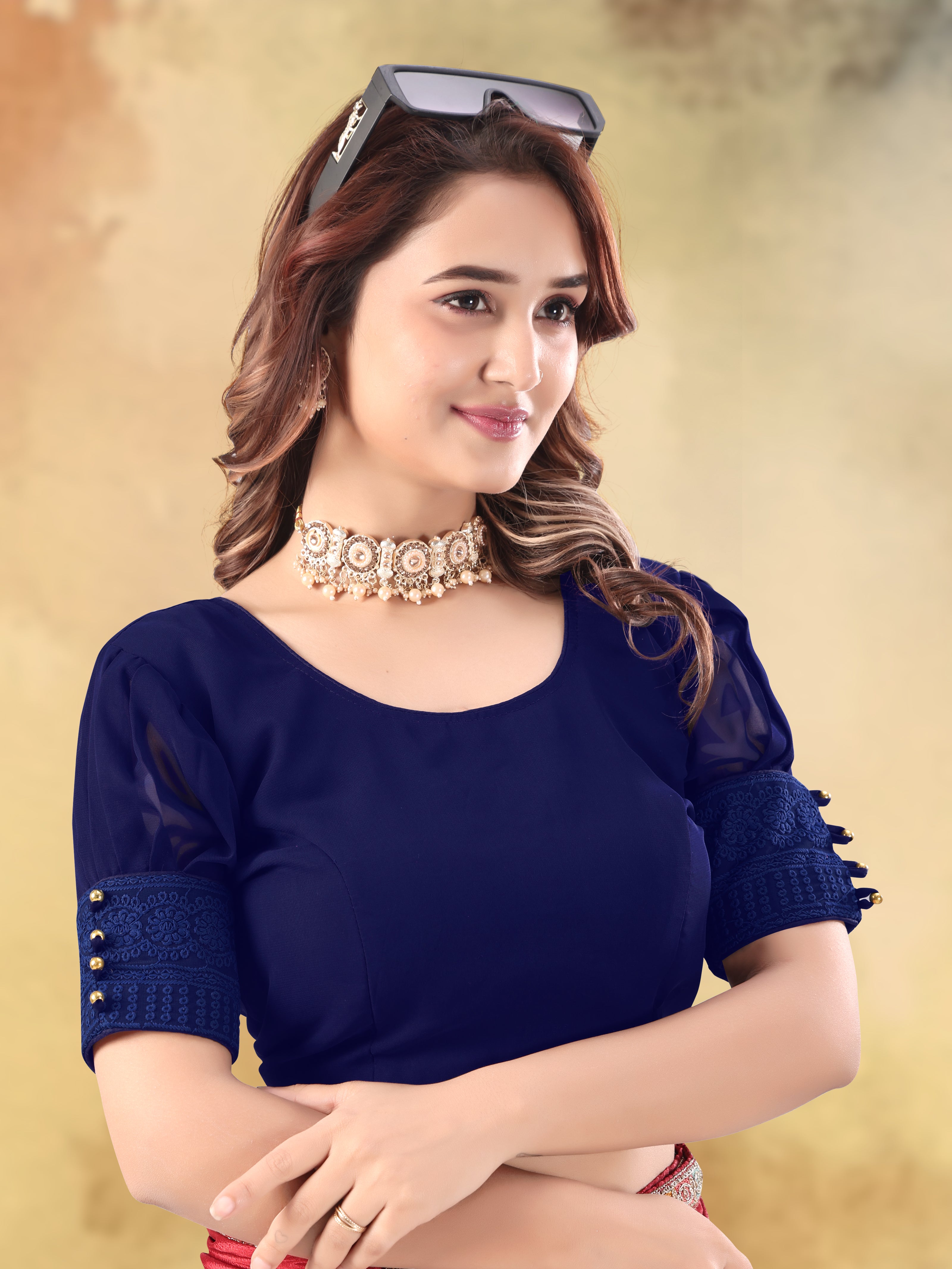Women Designer Georgette Half Sleeve Frill Sleeve, Stylish Readymade Blouse for Party Wear Casual Ethnic Traditional Fancy Crop Top Comfortable Fit Trendy Fashion Stitch