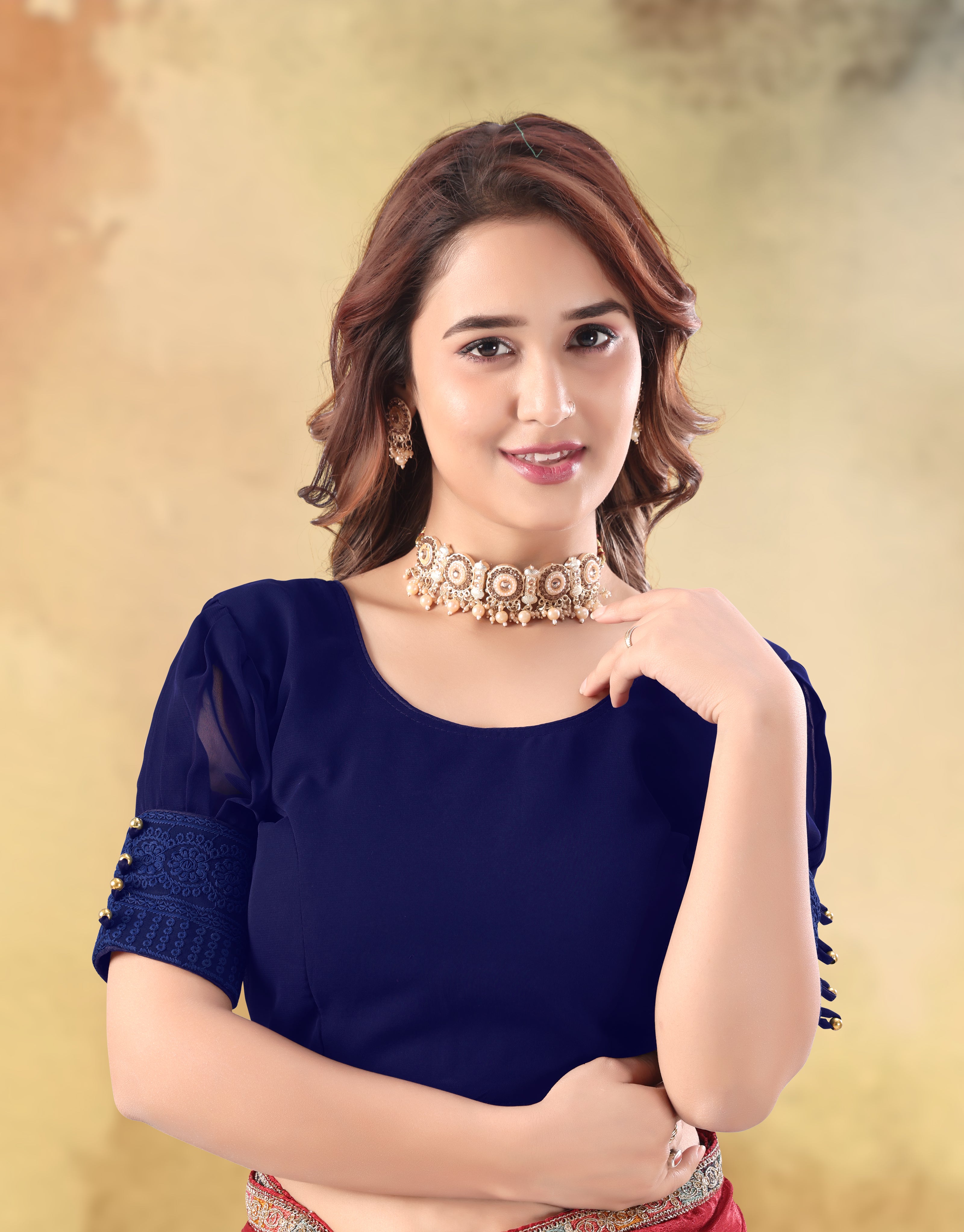 Women Designer Georgette Half Sleeve Frill Sleeve, Stylish Readymade Blouse for Party Wear Casual Ethnic Traditional Fancy Crop Top Comfortable Fit Trendy Fashion Stitch