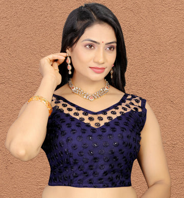 Readymade Sleeveless Alterable Net Stylist Siflli Blouse, Sleeveless Embroidery Work Bollywood Blouse for Wedding Party for Women, Stylist blouse