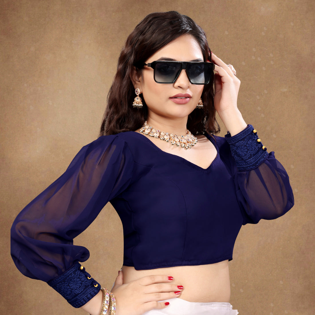 Solid Imported Georgette blouse For Women, Georgette Fabric Blouse For Women, Sweetheart neck design blouse, Readymade Blouse, Full Stitched blouse, Fancy pattern On Sleeve