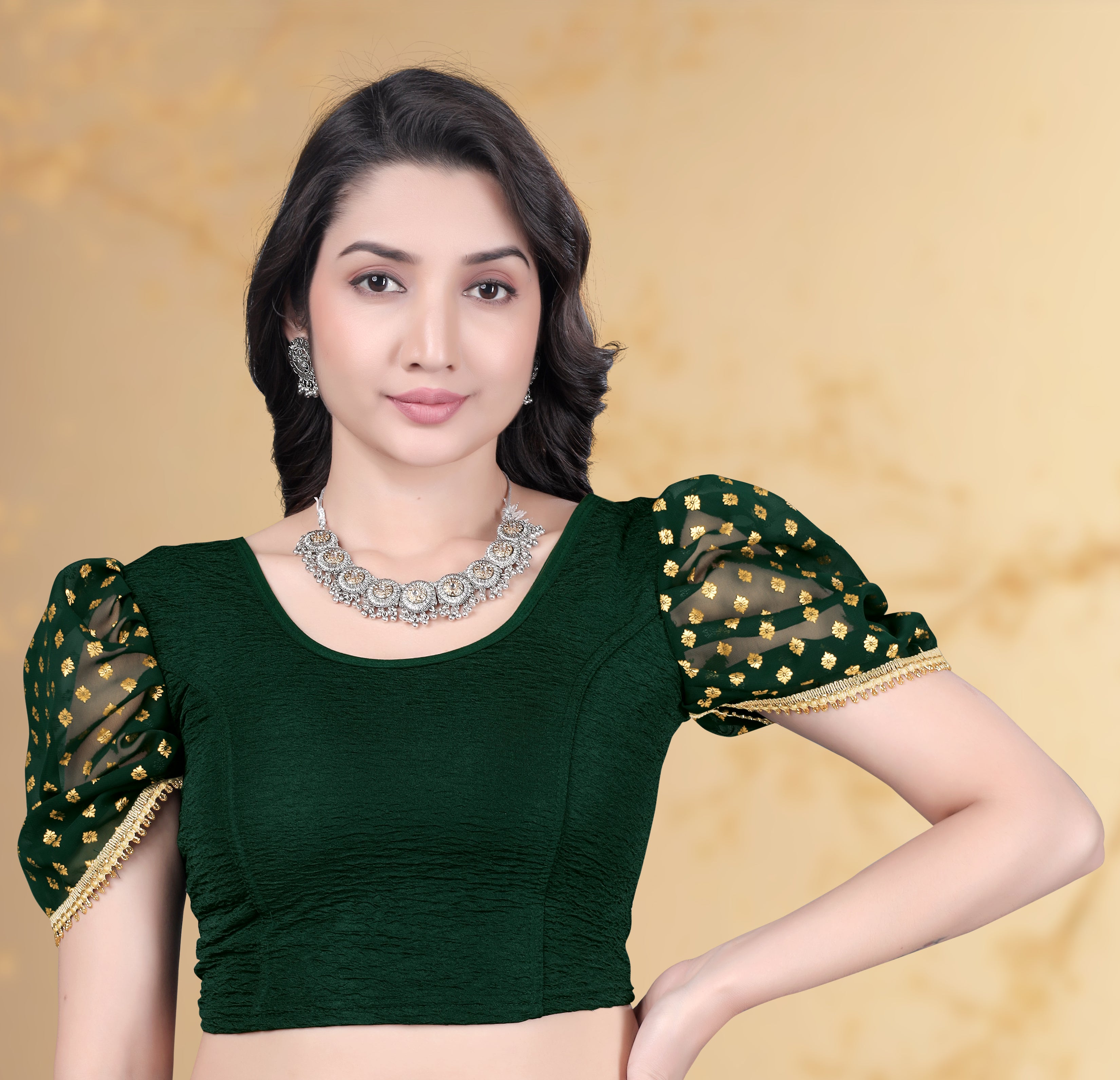 Latest Party Wear Lycra Blouse, Lace Work Readymade Stretchable Stitched Designer Blouse Foil Printed blouse for women, Fancy Sleeve Blouse with Design