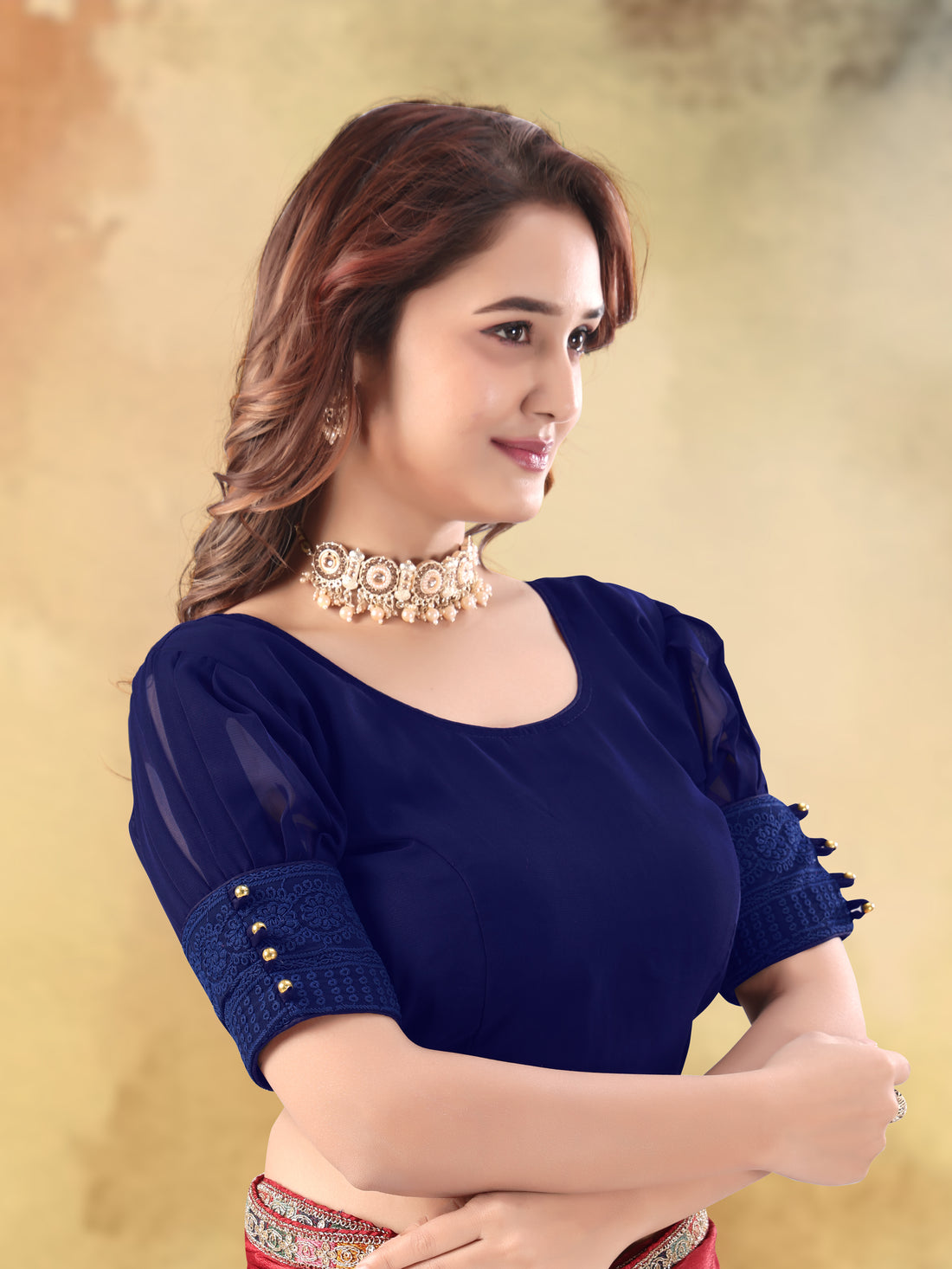 Women Designer Georgette Half Sleeve Frill Sleeve, Stylish Readymade Blouse for Party Wear Casual Ethnic Traditional Fancy Crop Top Comfortable Fit Trendy Fashion Stitch