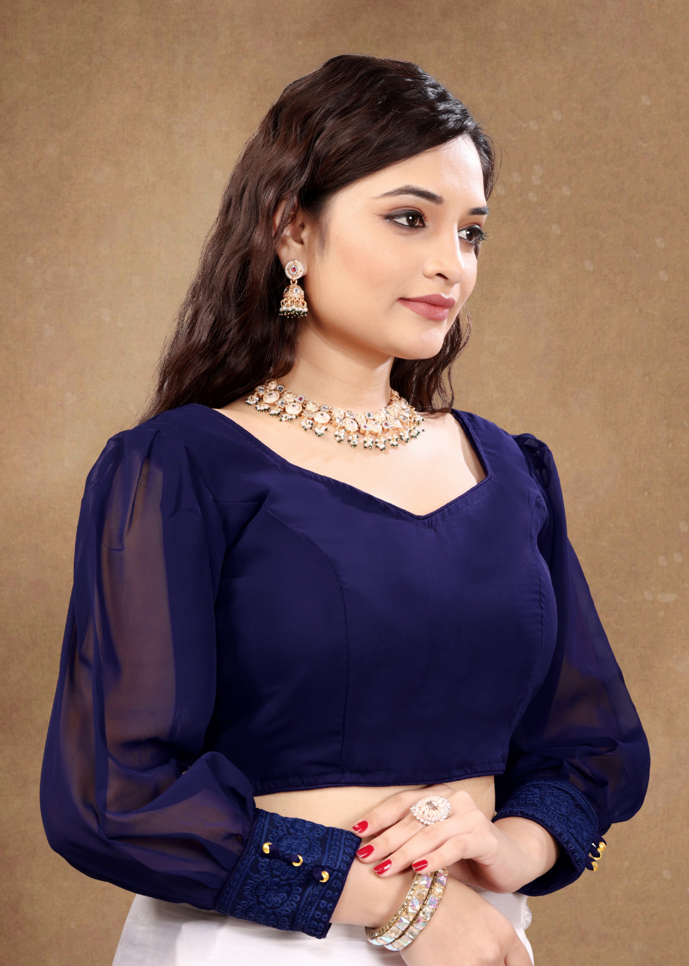 Solid Imported Georgette blouse For Women, Georgette Fabric Blouse For Women, Sweetheart neck design blouse, Readymade Blouse, Full Stitched blouse, Fancy pattern On Sleeve