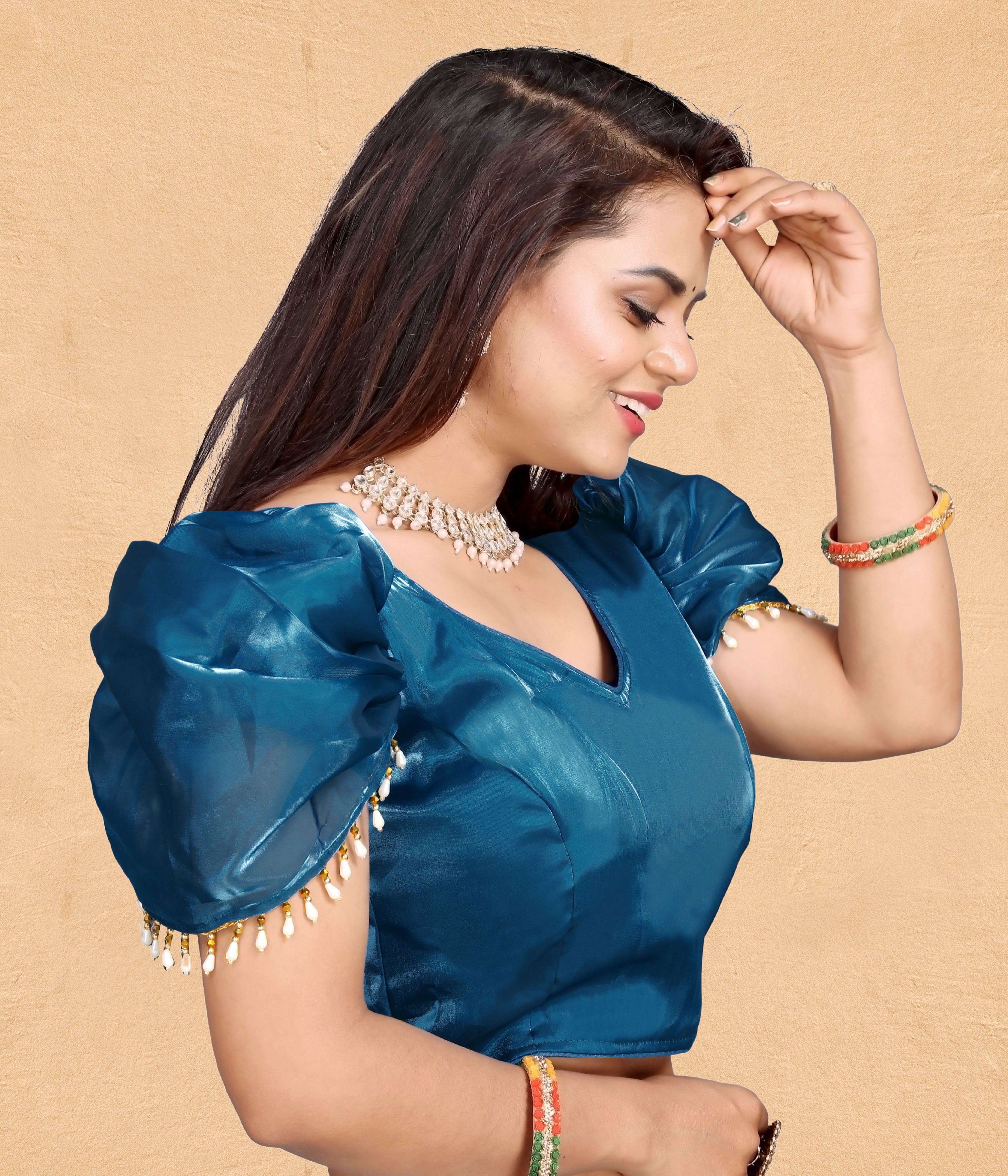 Solid Imported Organza blouse For Women, Zimmy Choo Fabric Blouse For Women, Readymade Blouse, Full Stitched blouse, Fancy Lace On Sleeve, Puff Sleeve Blouse