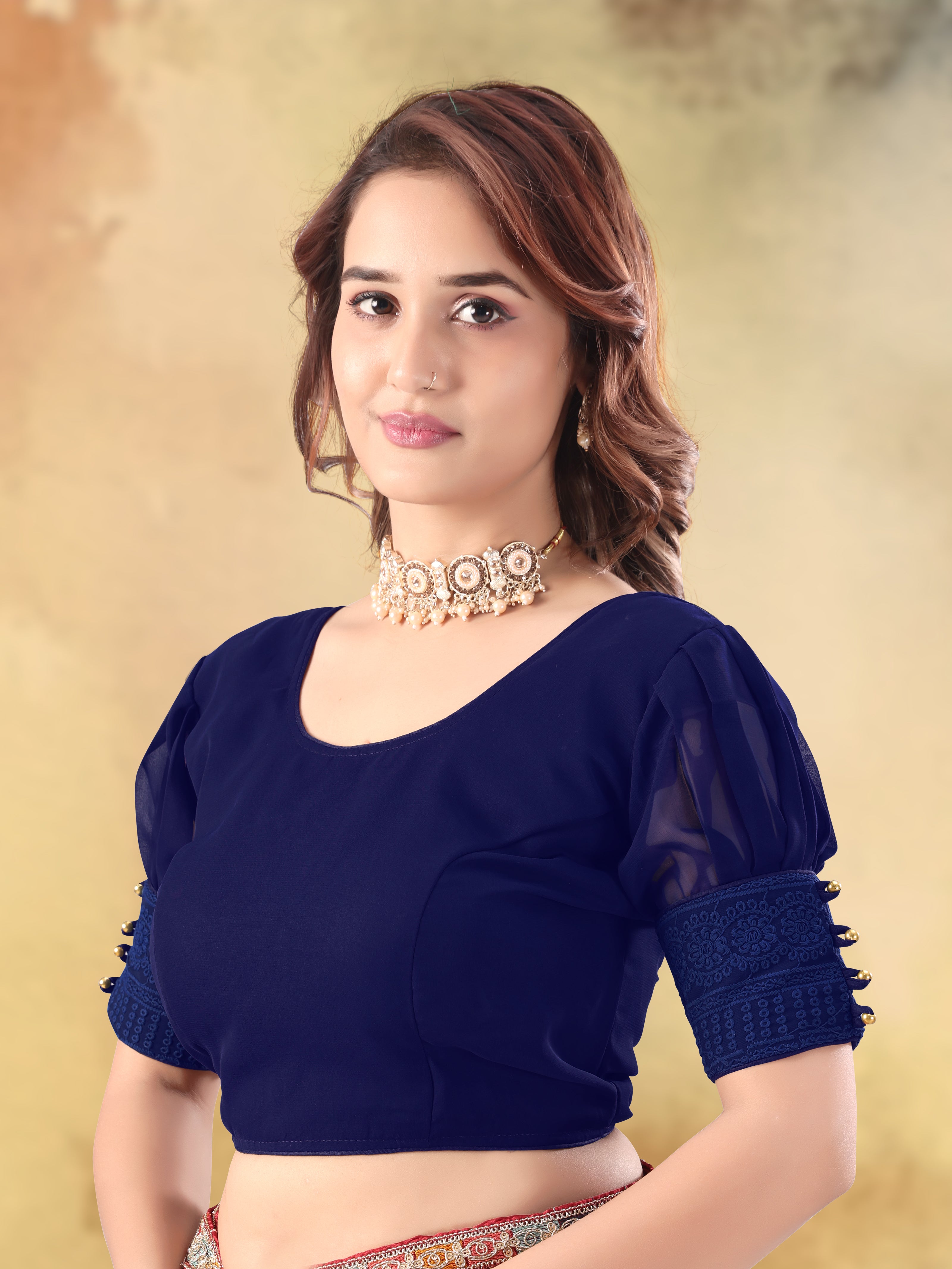 Women Designer Georgette Half Sleeve Frill Sleeve, Stylish Readymade Blouse for Party Wear Casual Ethnic Traditional Fancy Crop Top Comfortable Fit Trendy Fashion Stitch