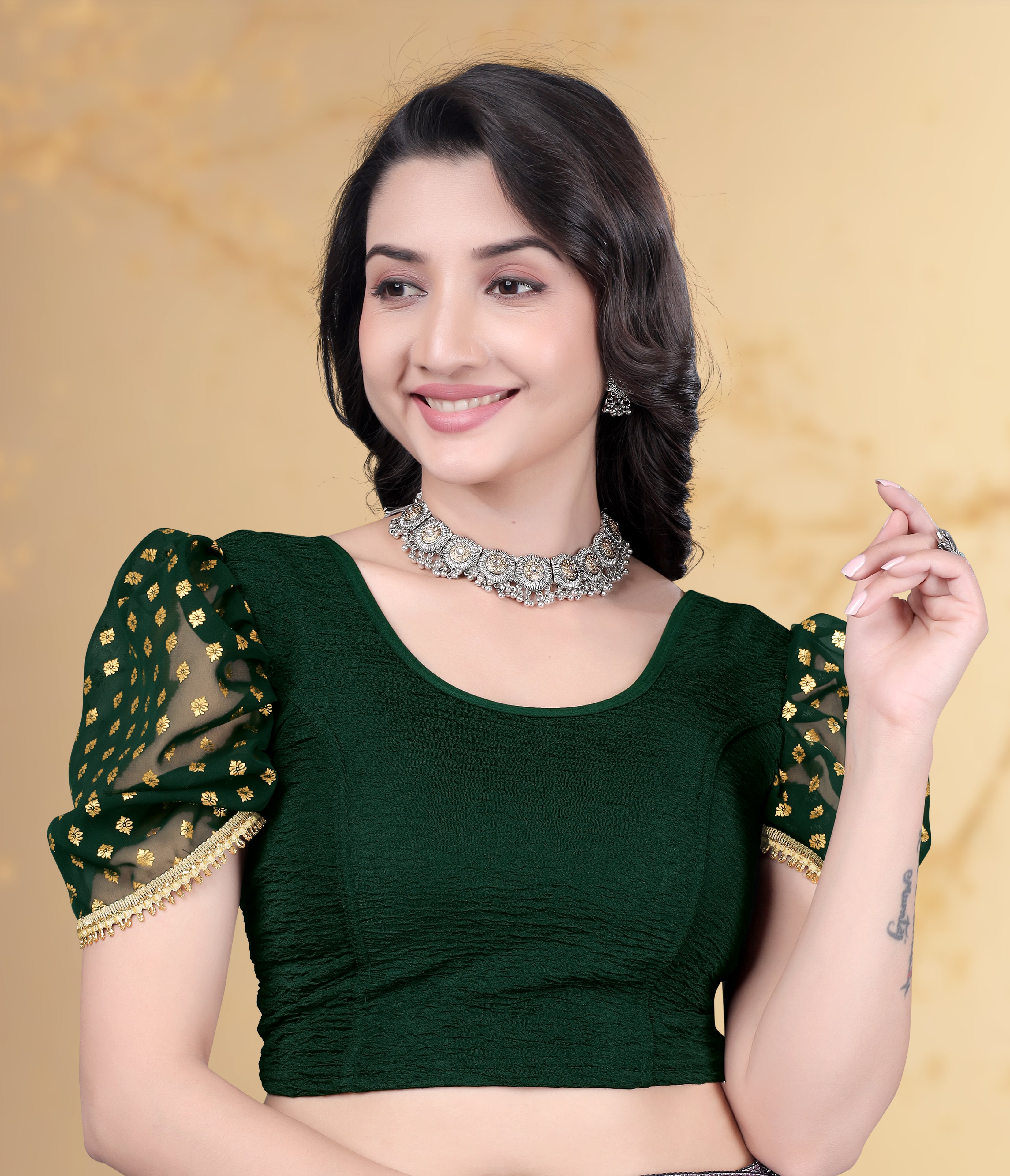 Latest Party Wear Lycra Blouse, Lace Work Readymade Stretchable Stitched Designer Blouse Foil Printed blouse for women, Fancy Sleeve Blouse with Design