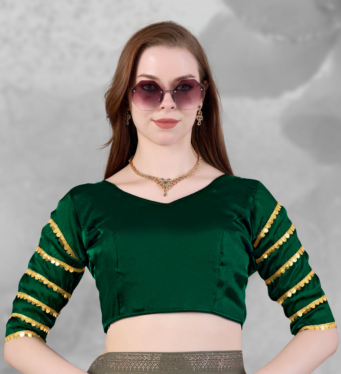 •  Stylish Zimmy Choo Fabric Blouse for Women with Sequence Lace Sleeves and Golden Border, Perfect for Party Wear, Wedding Wear and Festive Occasions
