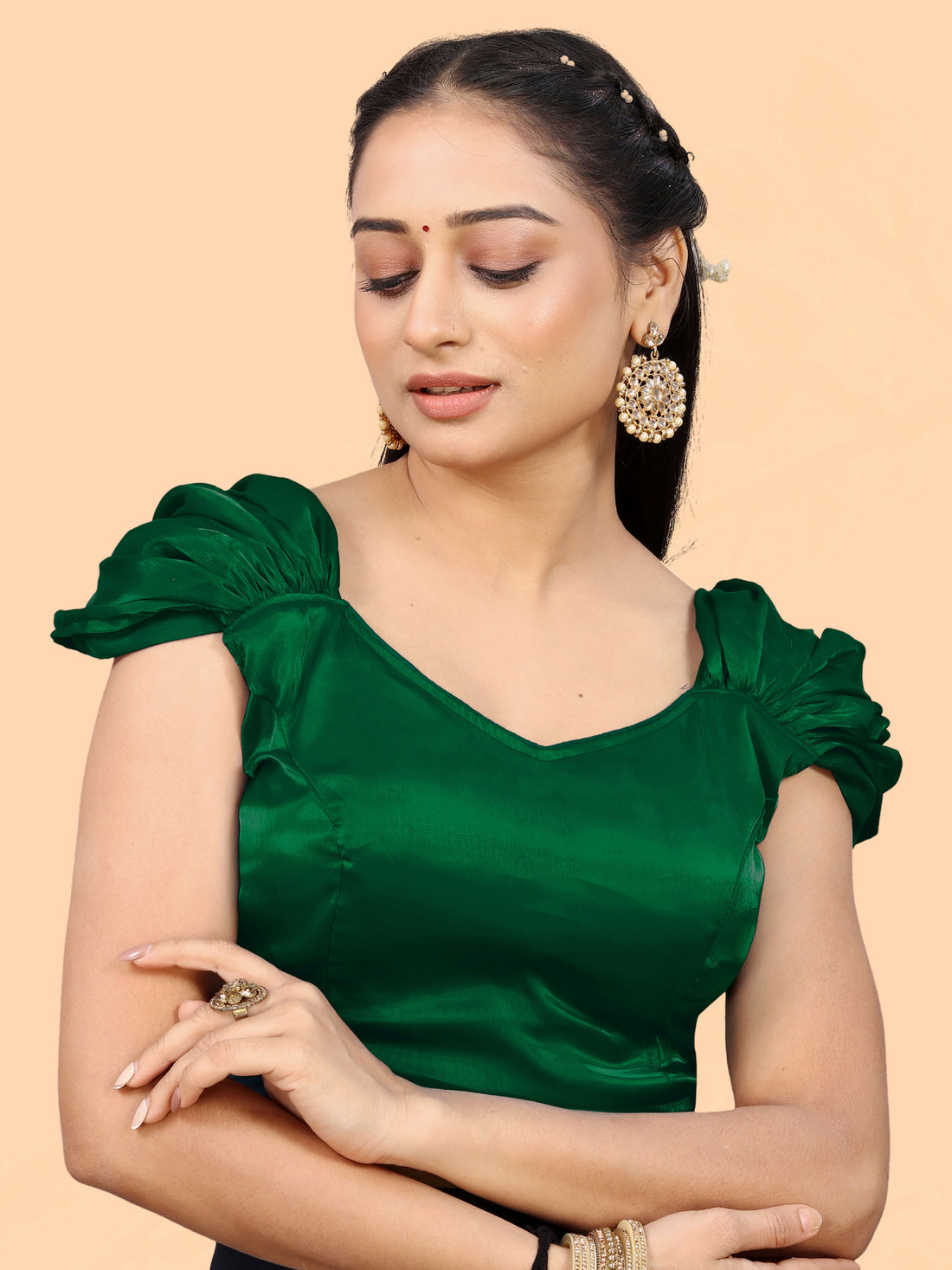 Trendy Zimii choo Organza Silk Blouse, Ruffle Balloon Puff Sleeve V Neck Party wear Blouse For Women, Designer Blouse For Women, Fancy Lace On Sleeve Blouse