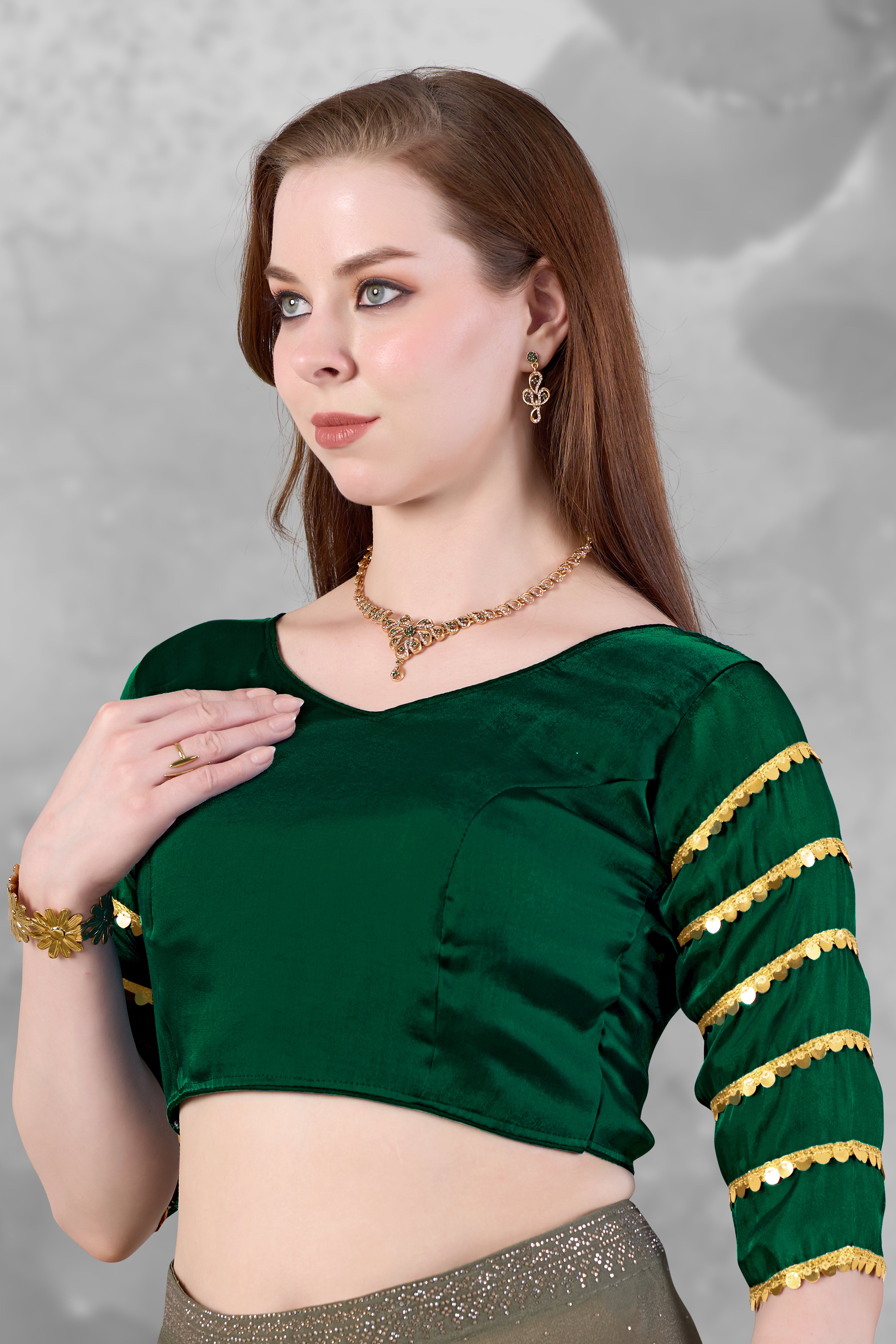 •  Stylish Zimmy Choo Fabric Blouse for Women with Sequence Lace Sleeves and Golden Border, Perfect for Party Wear, Wedding Wear and Festive Occasions