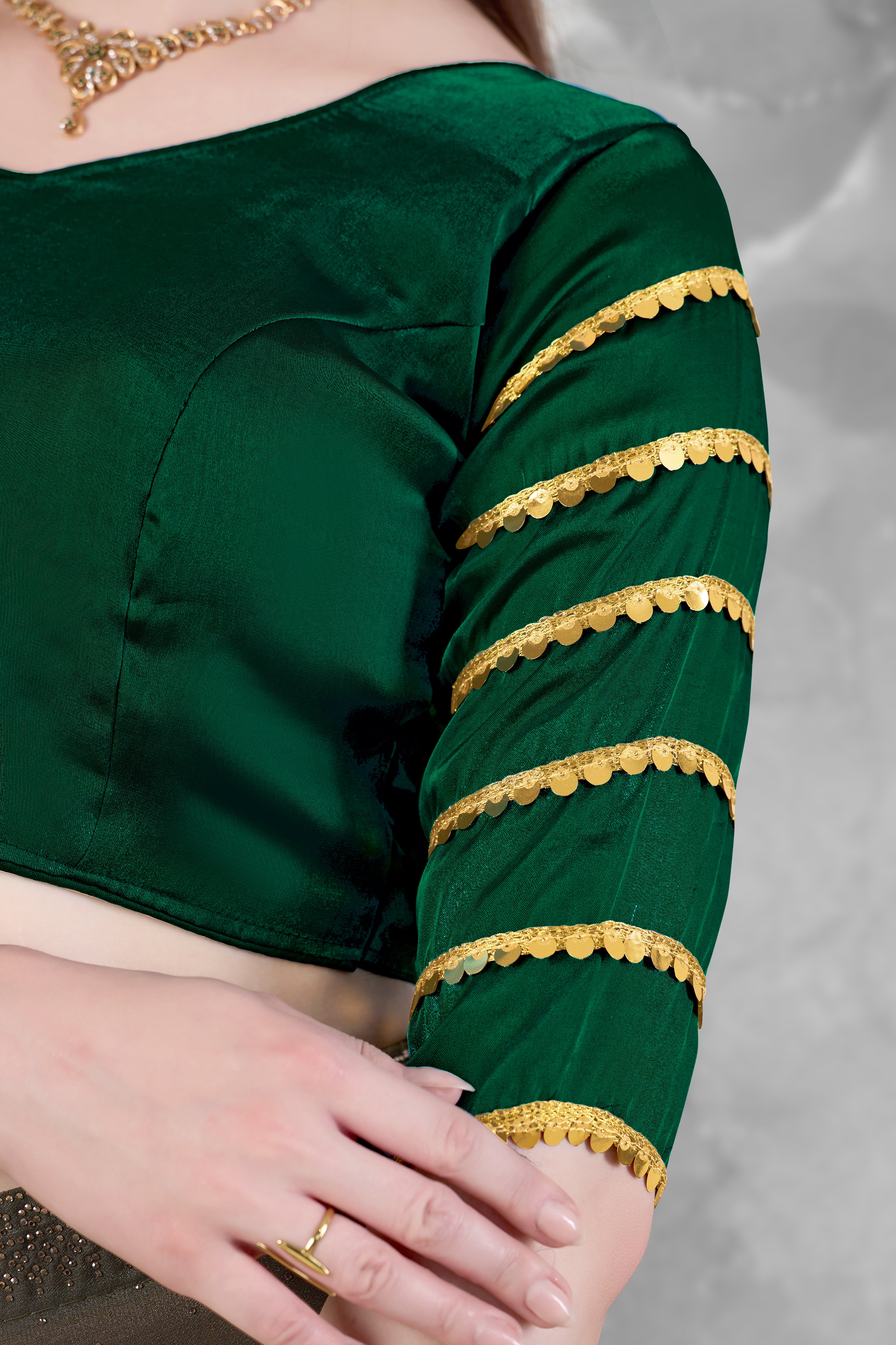 •  Stylish Zimmy Choo Fabric Blouse for Women with Sequence Lace Sleeves and Golden Border, Perfect for Party Wear, Wedding Wear and Festive Occasions