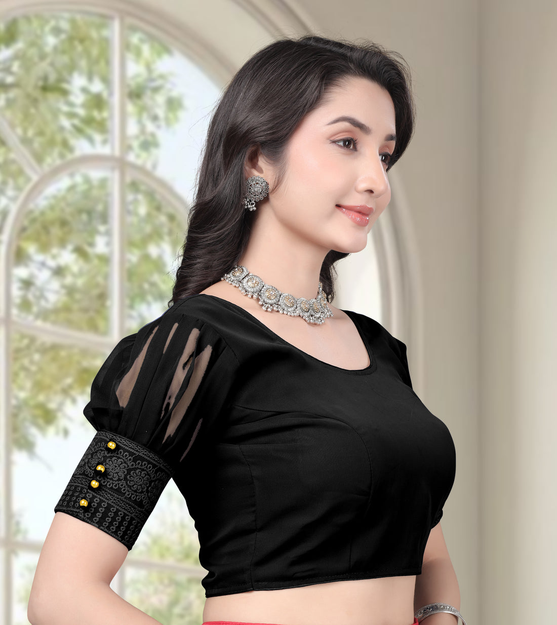 Stylish Women Designer Blouse Georgette Ready Made Half Sleeve Saree Blouse Party Wear
