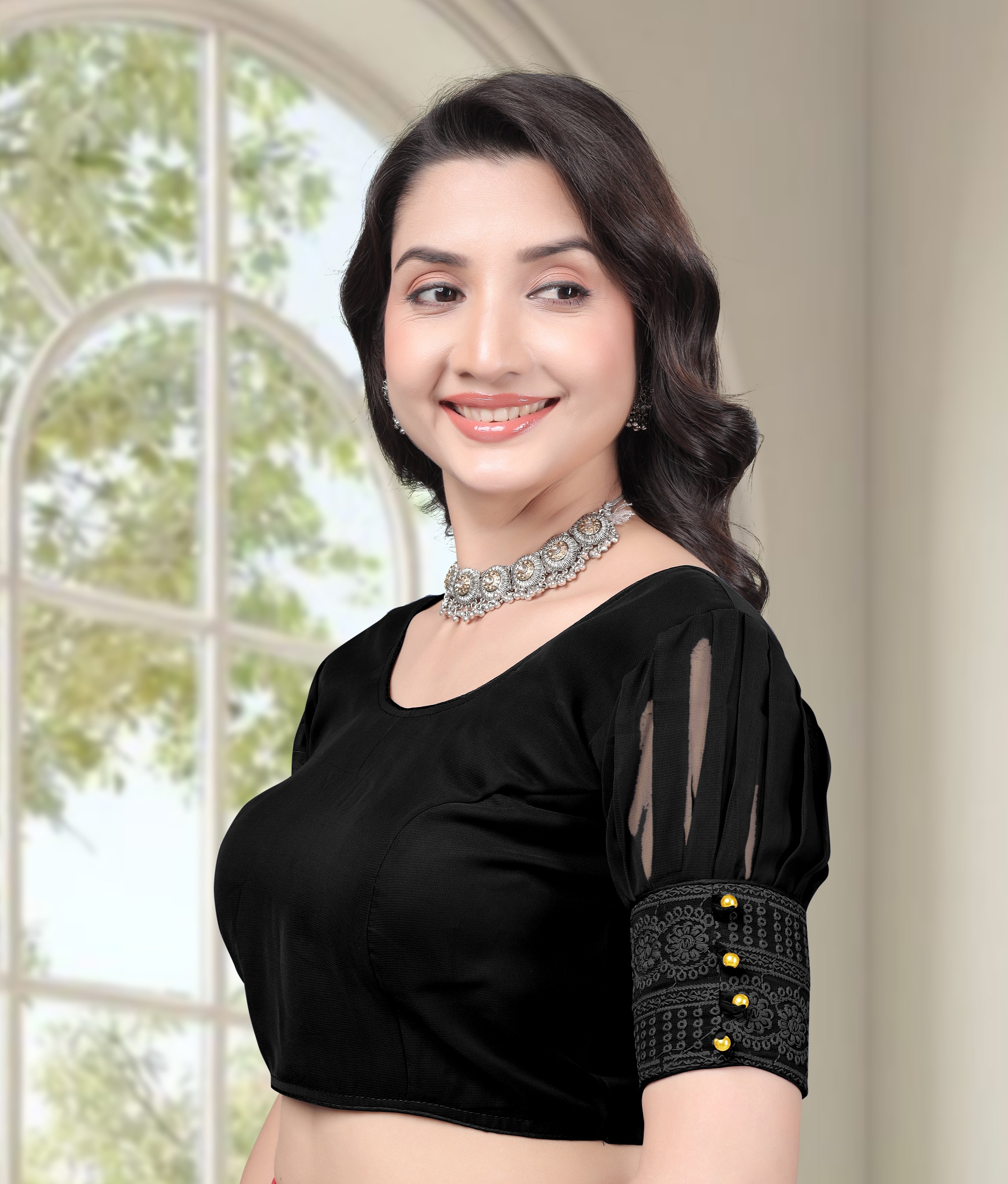 Stylish Women Designer Blouse Georgette Ready Made Half Sleeve Saree Blouse Party Wear