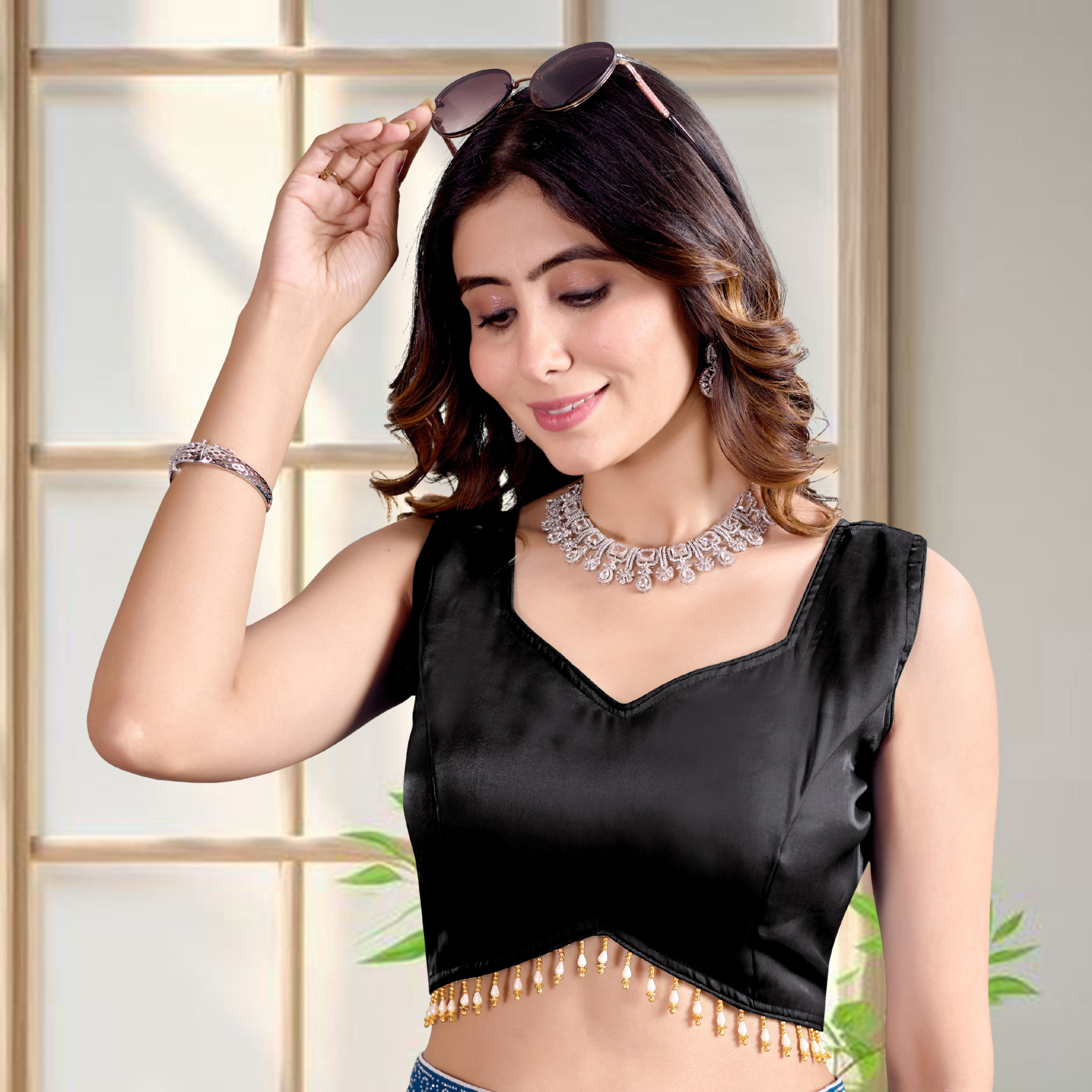 Trendy Zimii choo Organza Silk Blouse, Sleeveless V Neck Party wear Blouse For Women, Designer Blouse For Women, Fancy Designer Sleeve Blouse, Lace Blouse For Women