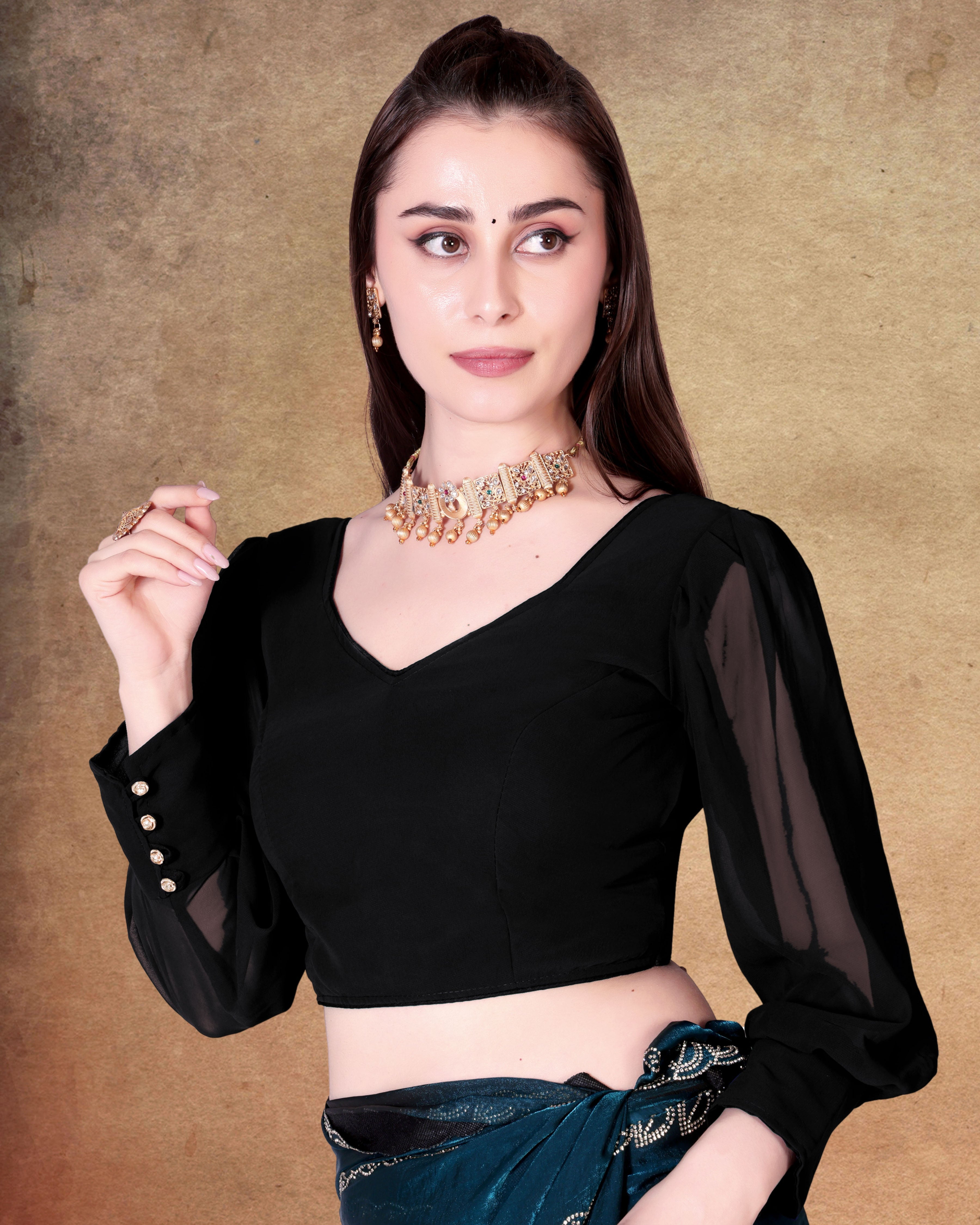Georgette full stitched blouse, Button work on sleeve Stylist blouse, latest designer blouse, blouse for women, party wear blouse