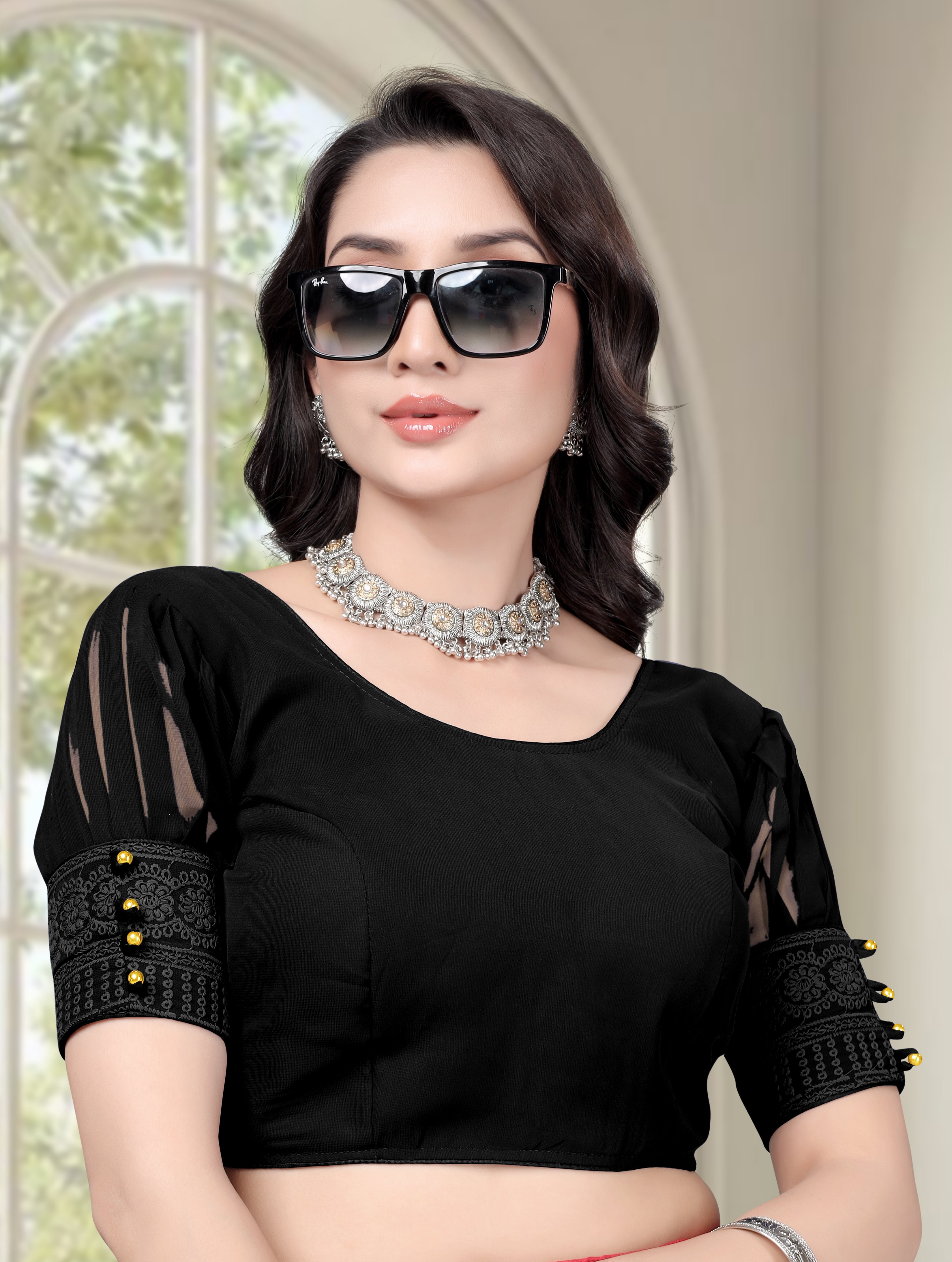 Stylish Women Designer Blouse Georgette Ready Made Half Sleeve Saree Blouse Party Wear