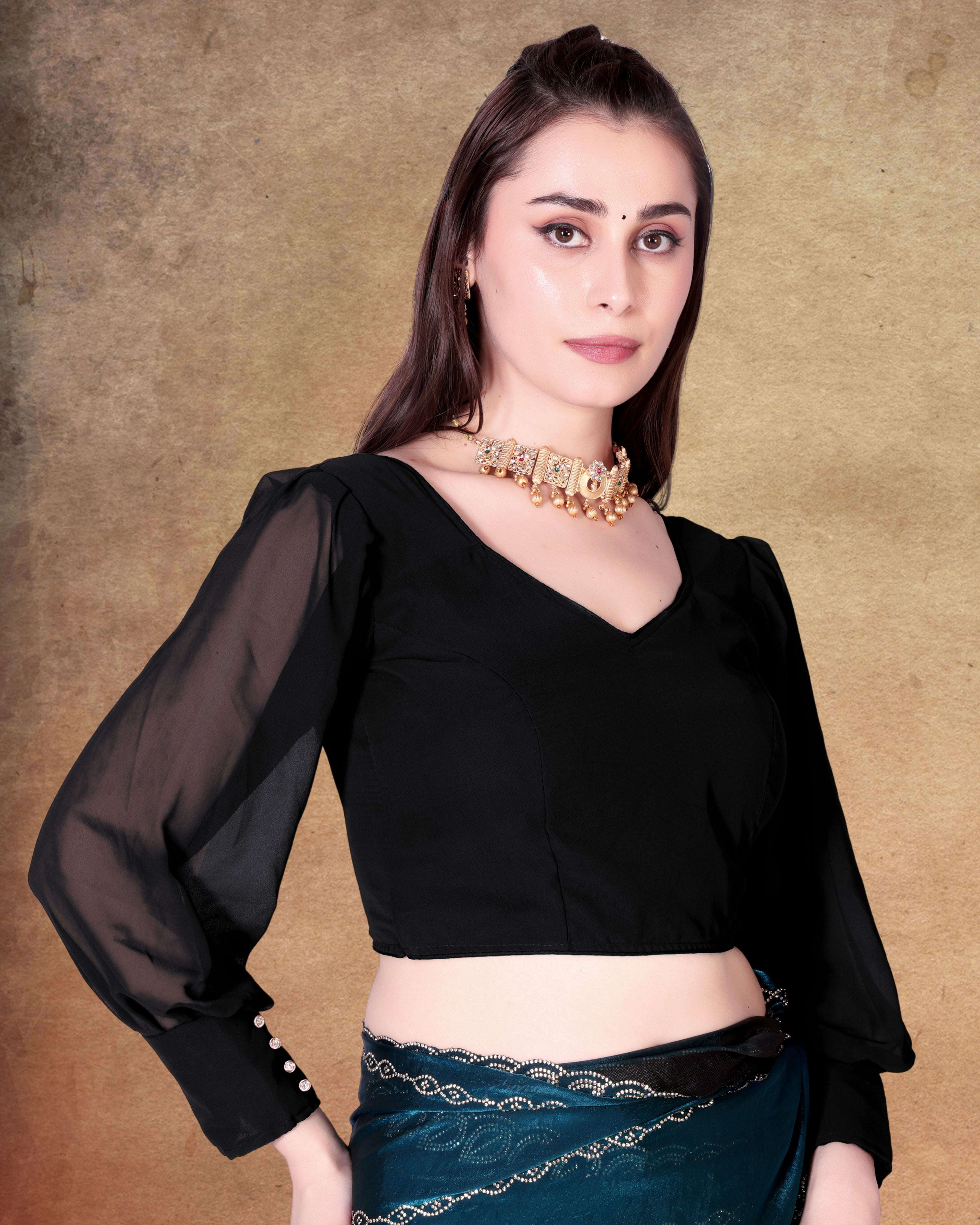 Georgette full stitched blouse, Button work on sleeve Stylist blouse, latest designer blouse, blouse for women, party wear blouse