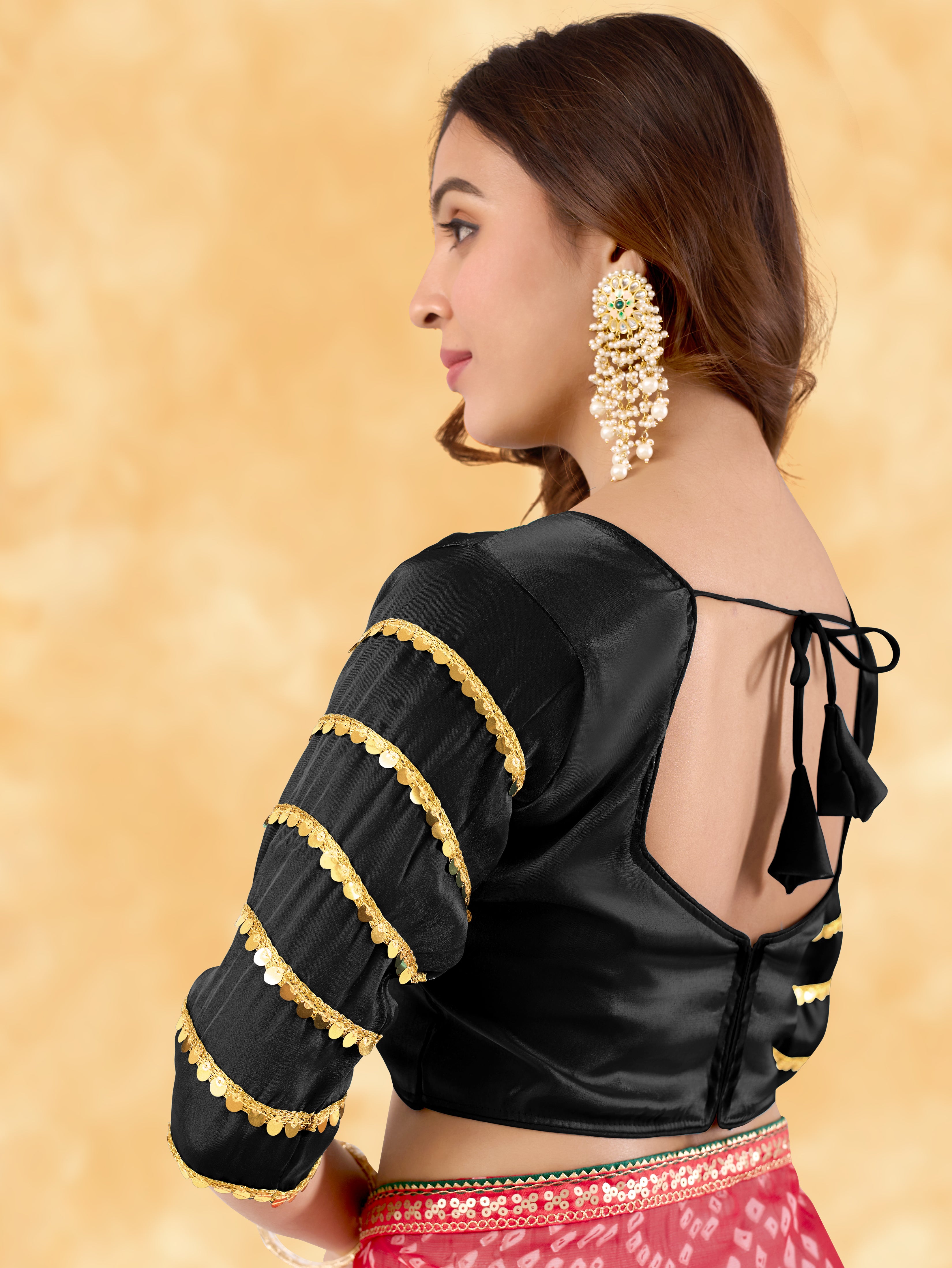 •  tylish Zimmy Choo Fabric Blouse for Women with Sequence Lace Sleeves and Golden Border, Designer Ethnic Saree Blouse for Party Wear, Wedding Wear and Festive Occasions