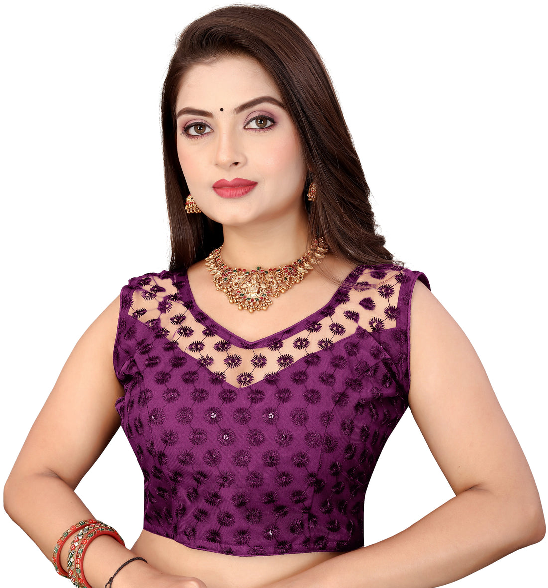 Full Stitched Sleeveless Net Blouse with Embroidery and Stylist Work Ready Made Net Blouse for Women