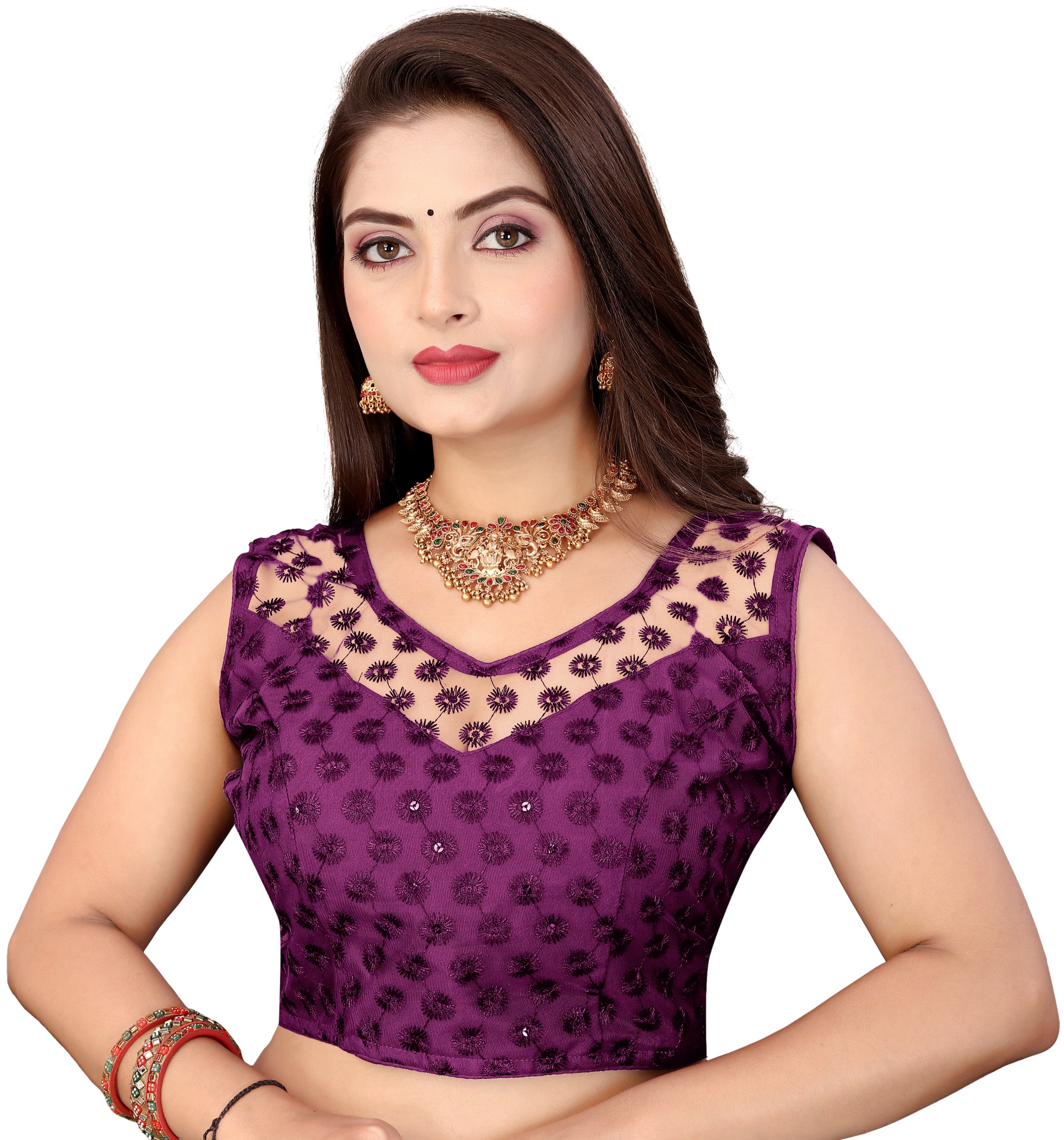 Full Stitched Sleeveless Net Blouse with Embroidery and Stylist Work Ready Made Net Blouse for Women