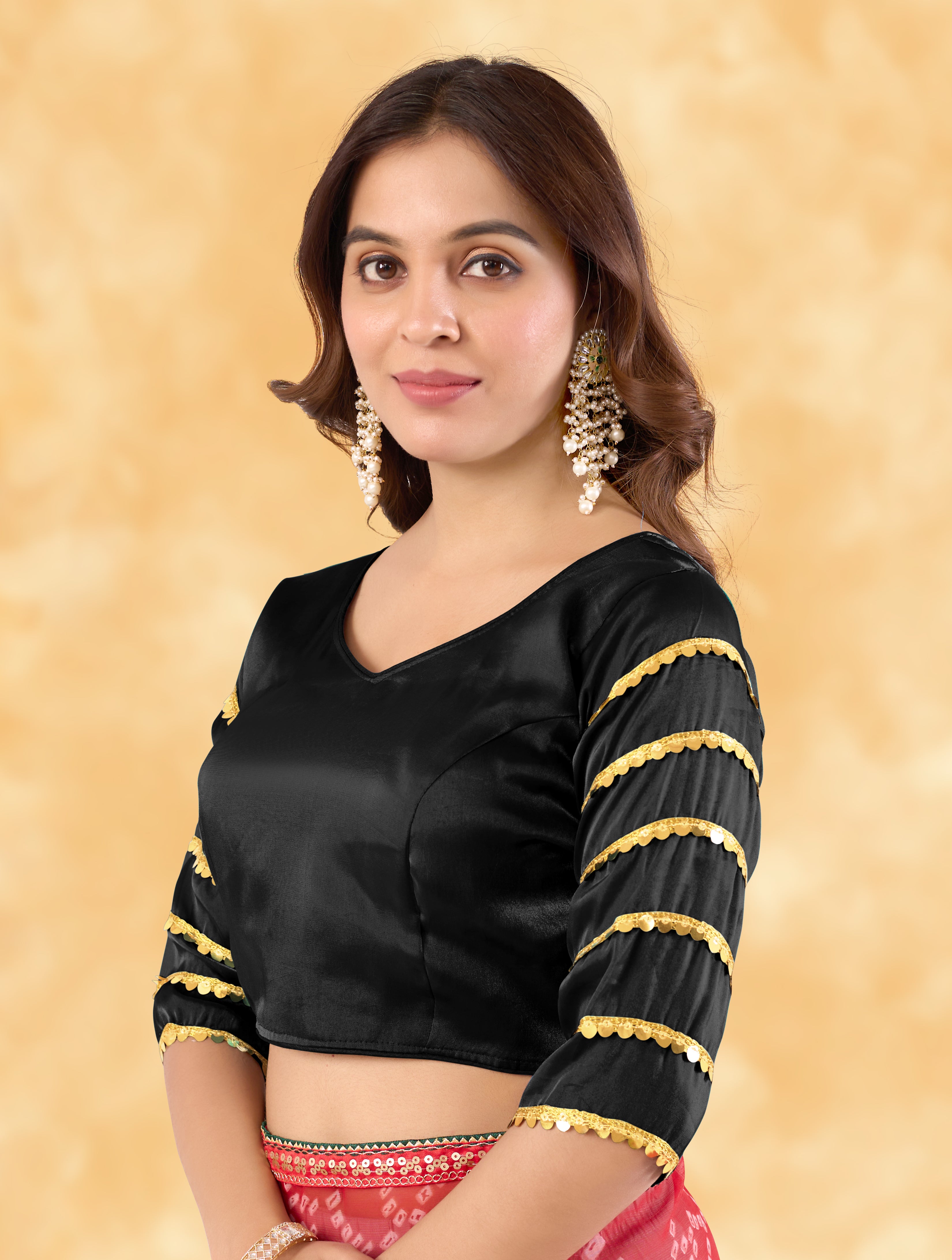 •  tylish Zimmy Choo Fabric Blouse for Women with Sequence Lace Sleeves and Golden Border, Designer Ethnic Saree Blouse for Party Wear, Wedding Wear and Festive Occasions