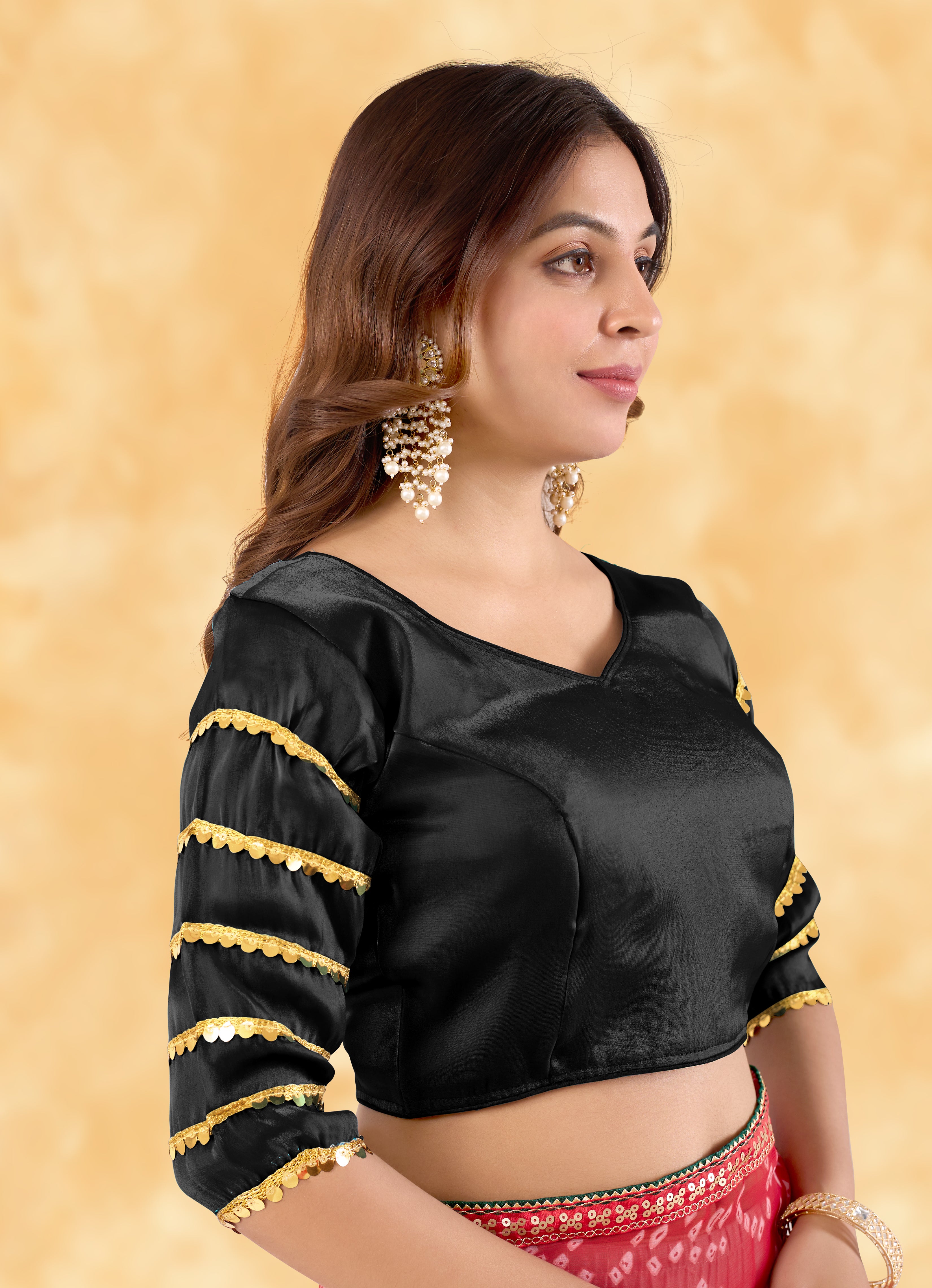 •  tylish Zimmy Choo Fabric Blouse for Women with Sequence Lace Sleeves and Golden Border, Designer Ethnic Saree Blouse for Party Wear, Wedding Wear and Festive Occasions
