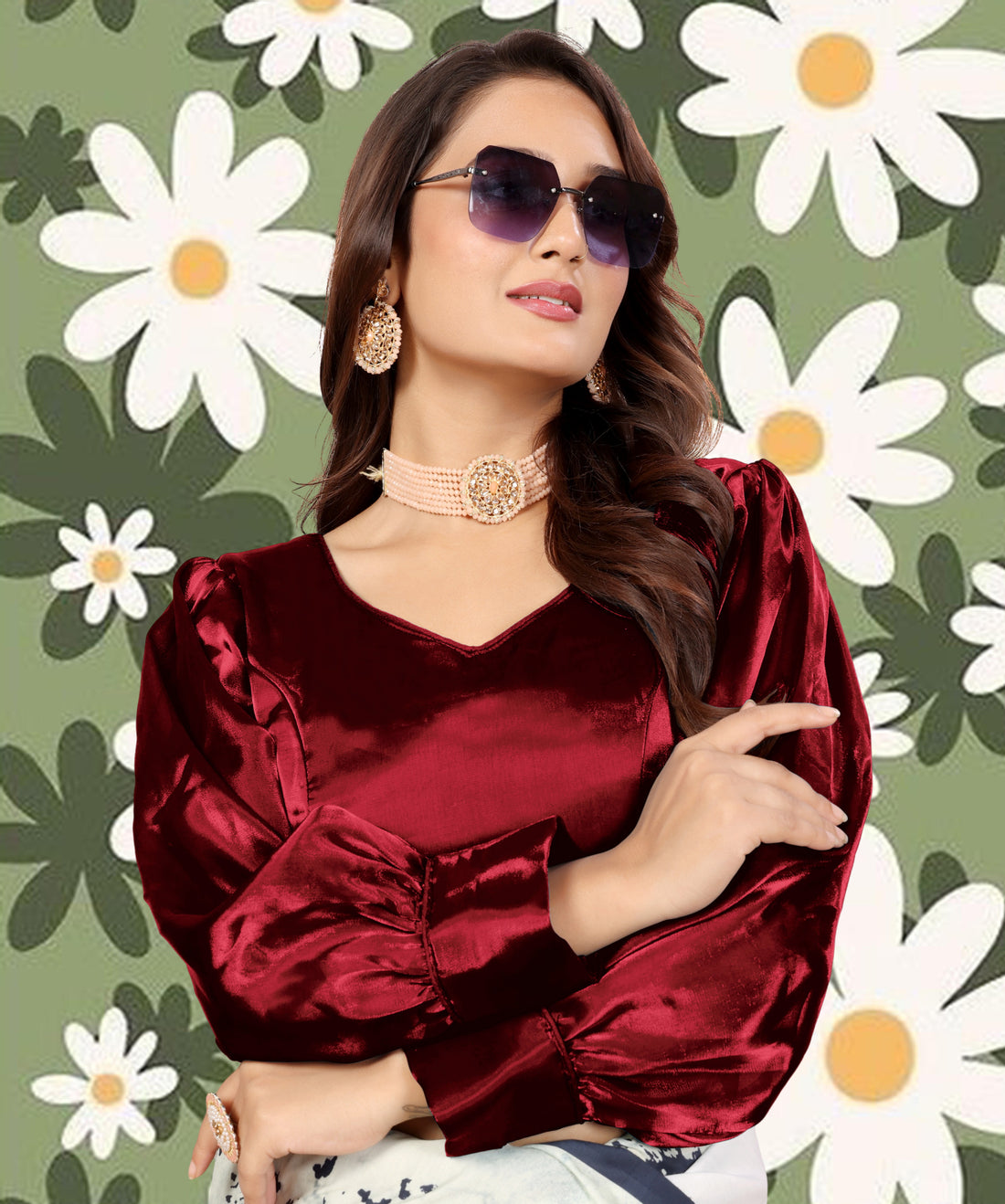 Full sleeve stylist blouse, party wear blouse for women, full stitched blouse, Trendy Zimii choo Organza Silk Ruffle Balloon Puff Sleeve V Neck Party wear Blouse, Soft Organza Fabric Balloon Type Sleeve Blouse.