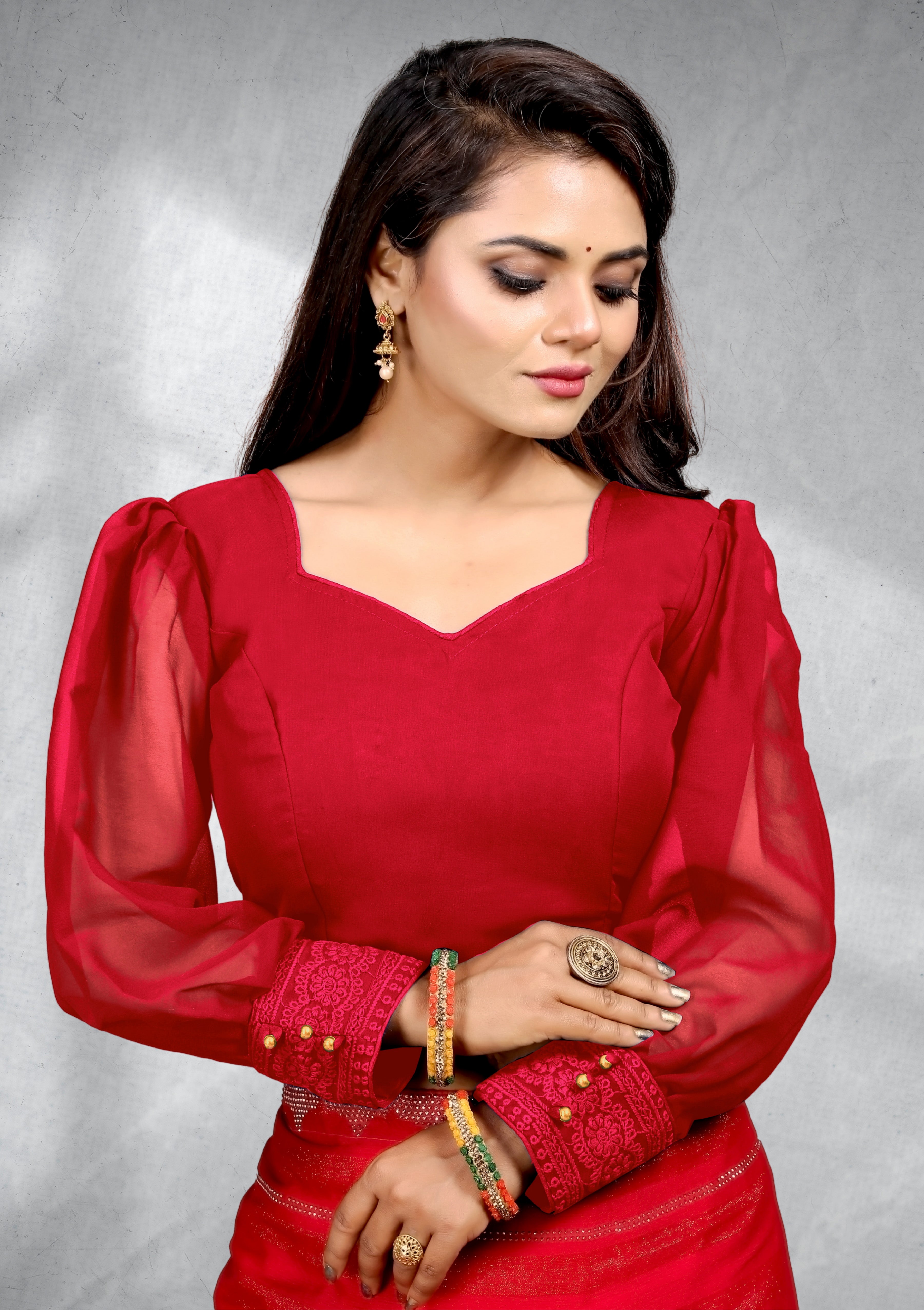 Solid Imported Georgette blouse, full sleeve stylist blouse, party wear blouse for women, full stitched blouse, Trendy Georgette Ruffle Balloon Sleeve, sweetheart neck blouse Party wear Blouse