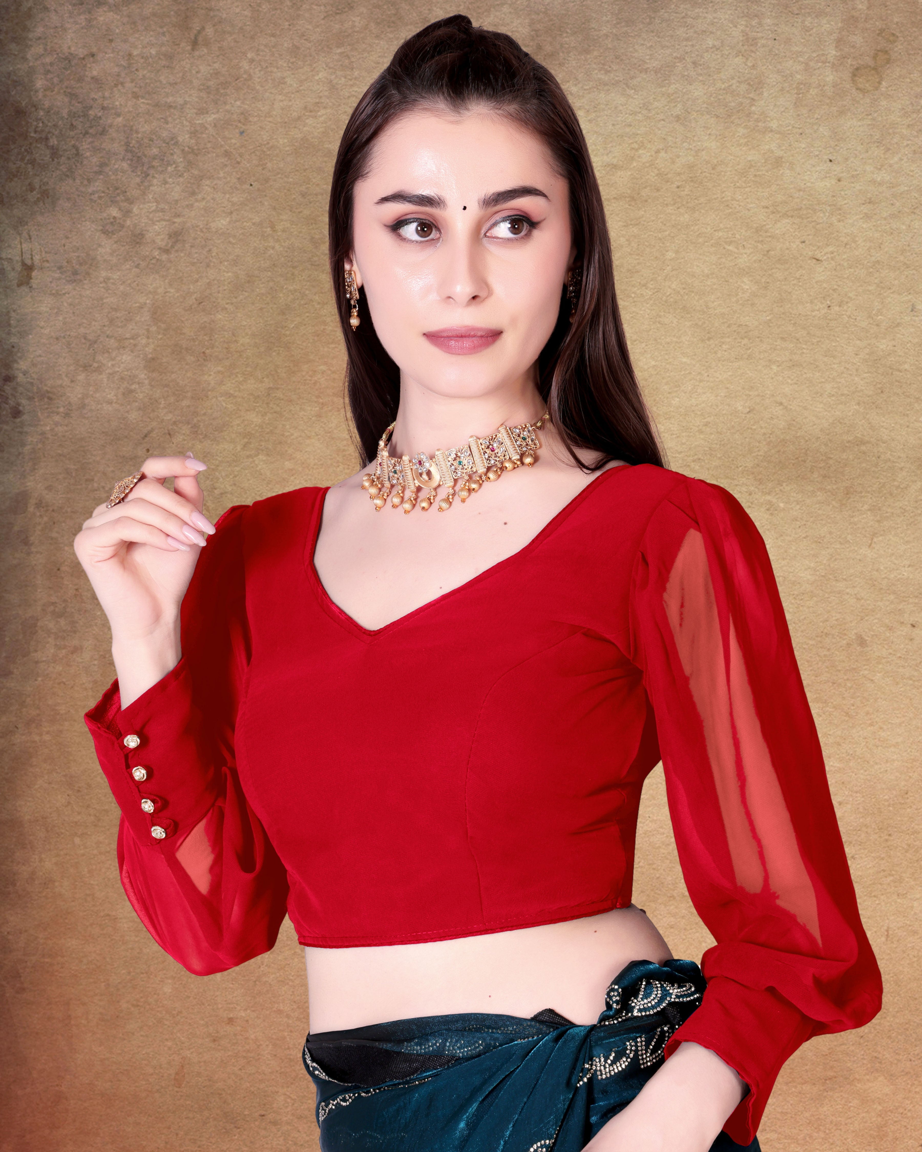 Readymade Alterable Georgette with Button Blouse, Bollywood Blouse for Wedding Party for Women, Full Sleeve stylist blouse for women,