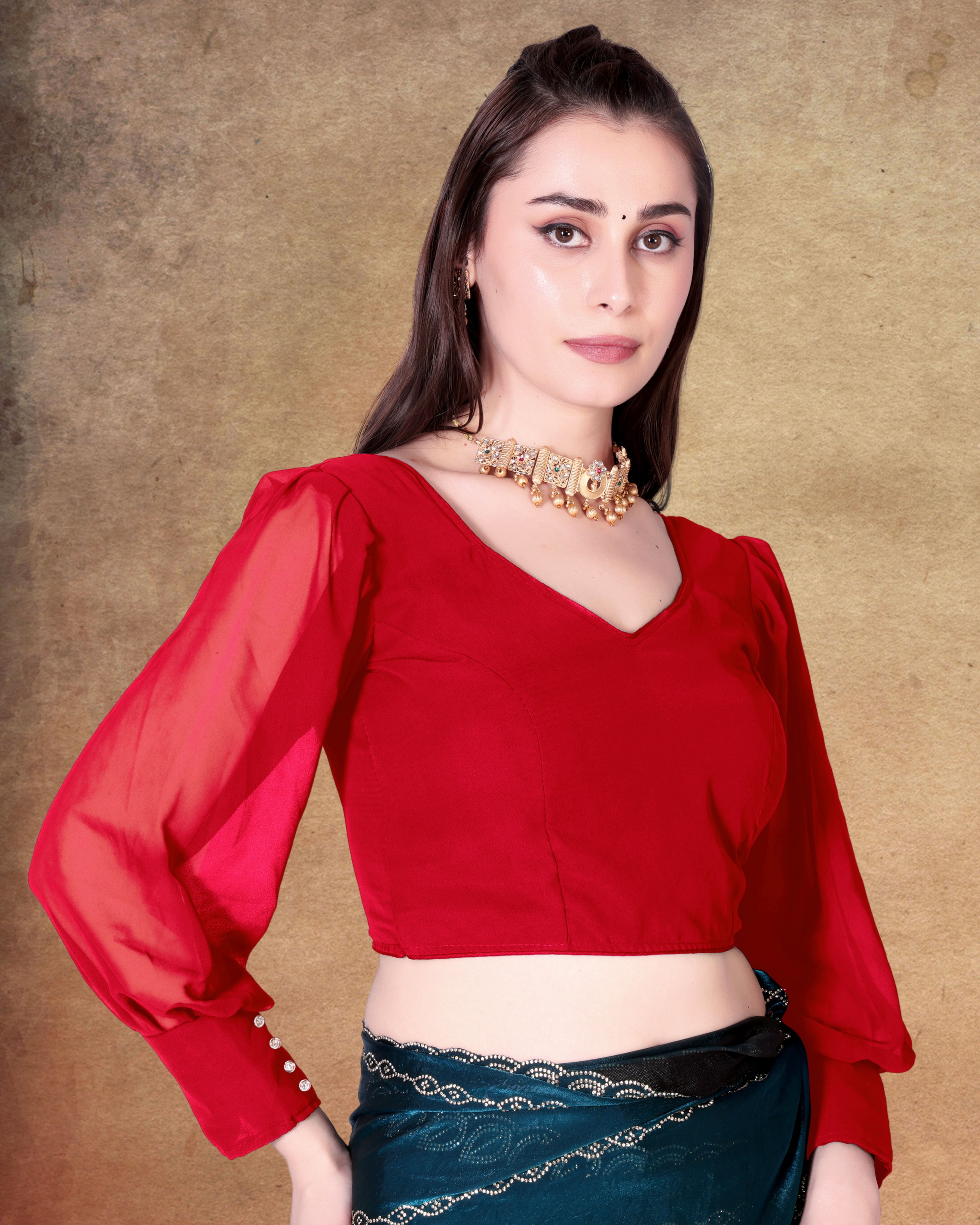 Readymade Alterable Georgette with Button Blouse, Bollywood Blouse for Wedding Party for Women, Full Sleeve stylist blouse for women,