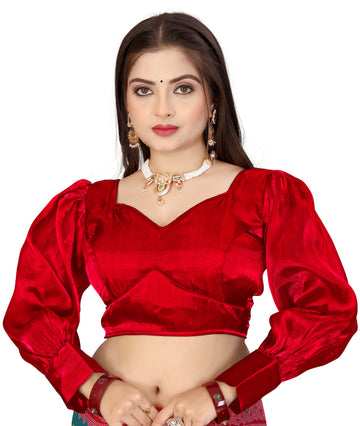 Fancy And Stylist Organza Party Wear Full Sleeve Blouse, V Neck Trending Saree Readymade Long Balloon Puff Sleeve Saree Blouse, Beautiful Blouse For Women.