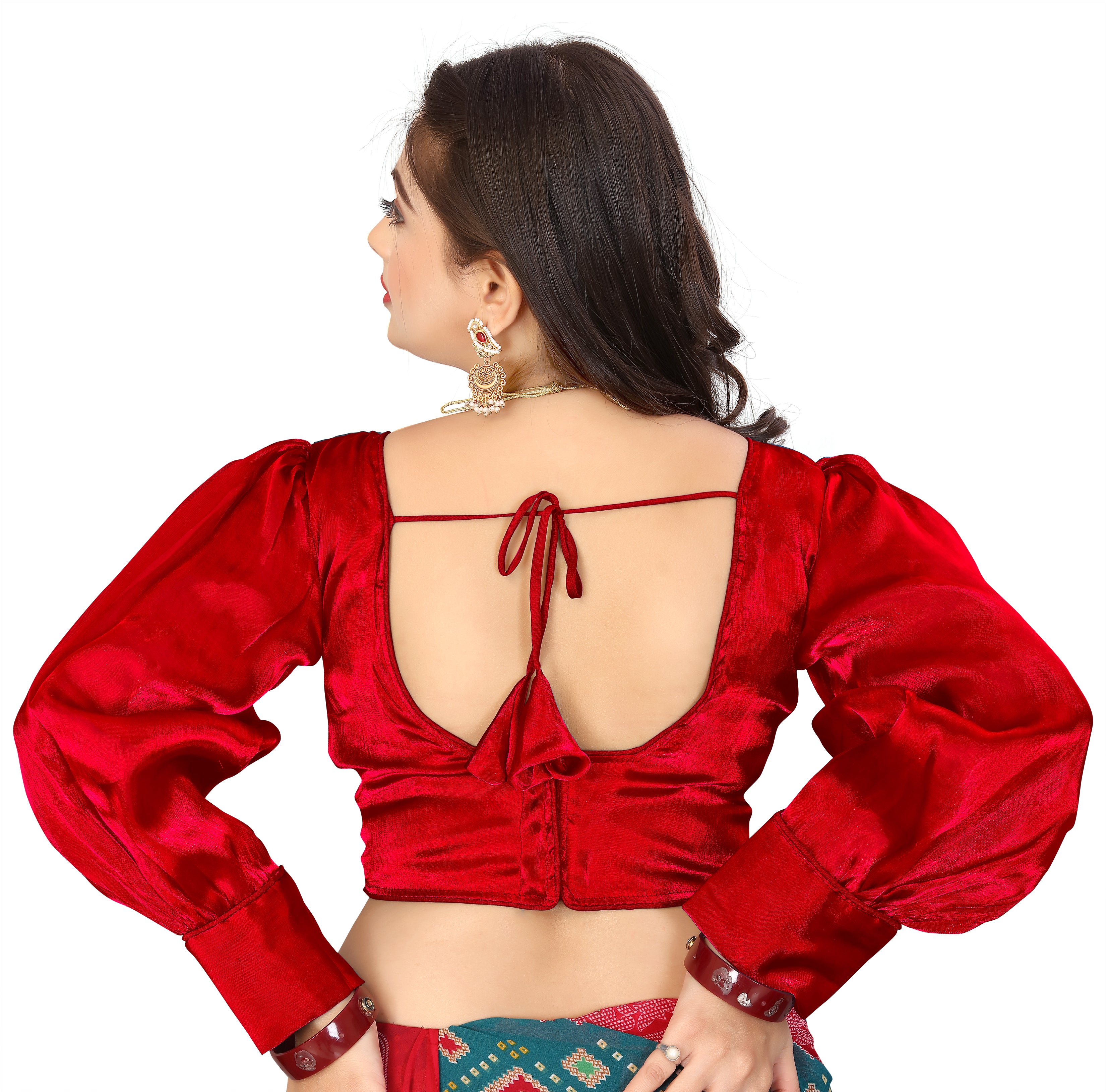 Fancy And Stylist Organza Party Wear Full Sleeve Blouse, V Neck Trending Saree Readymade Long Balloon Puff Sleeve Saree Blouse, Beautiful Blouse For Women.