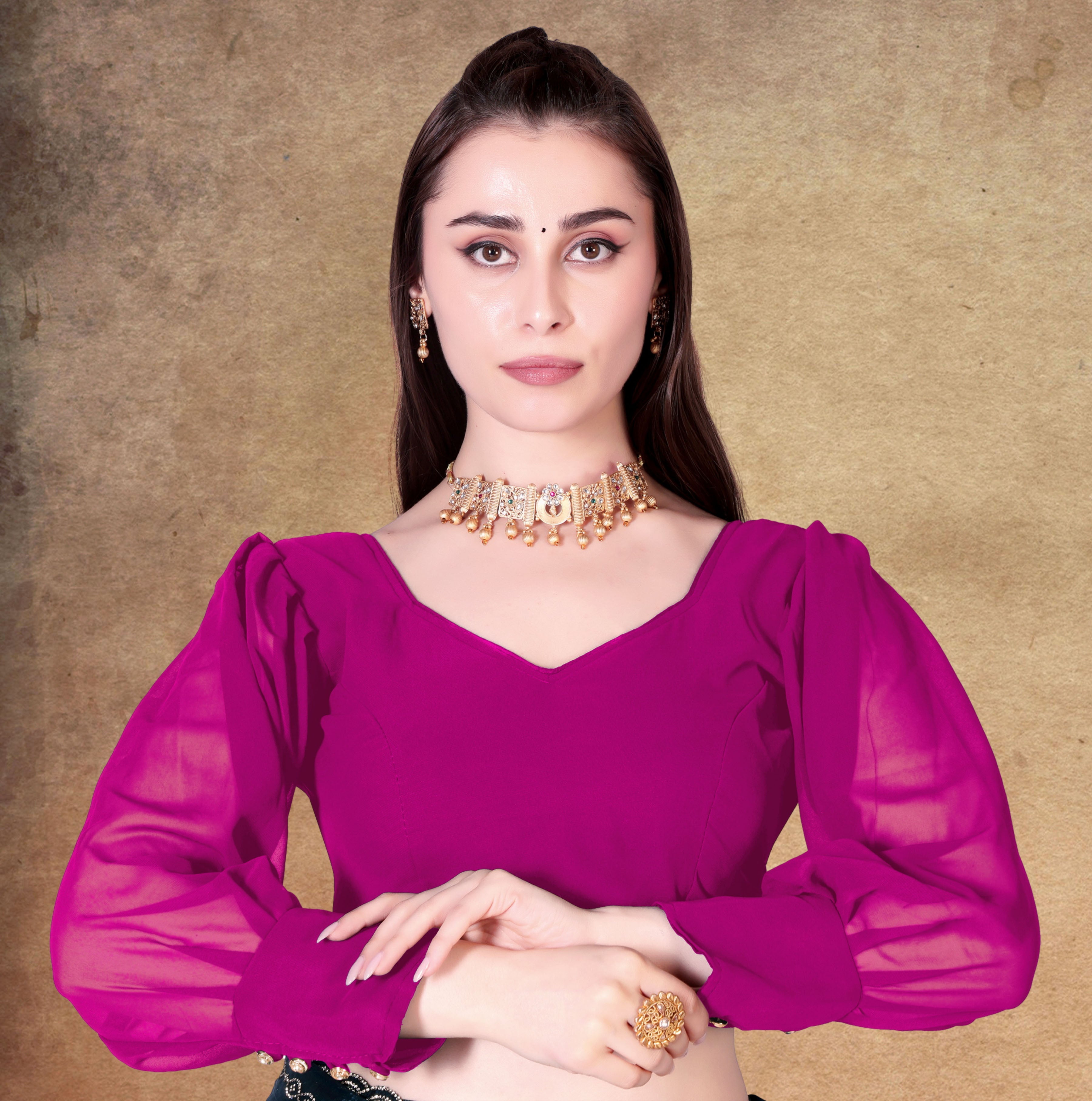 Full Sleeve Georgette Blouse with Button, Latest Designer Blouse for Women, Stylist Blouse For Women, New Design Blouse Fancy Pattern On Sleeve Blouse
