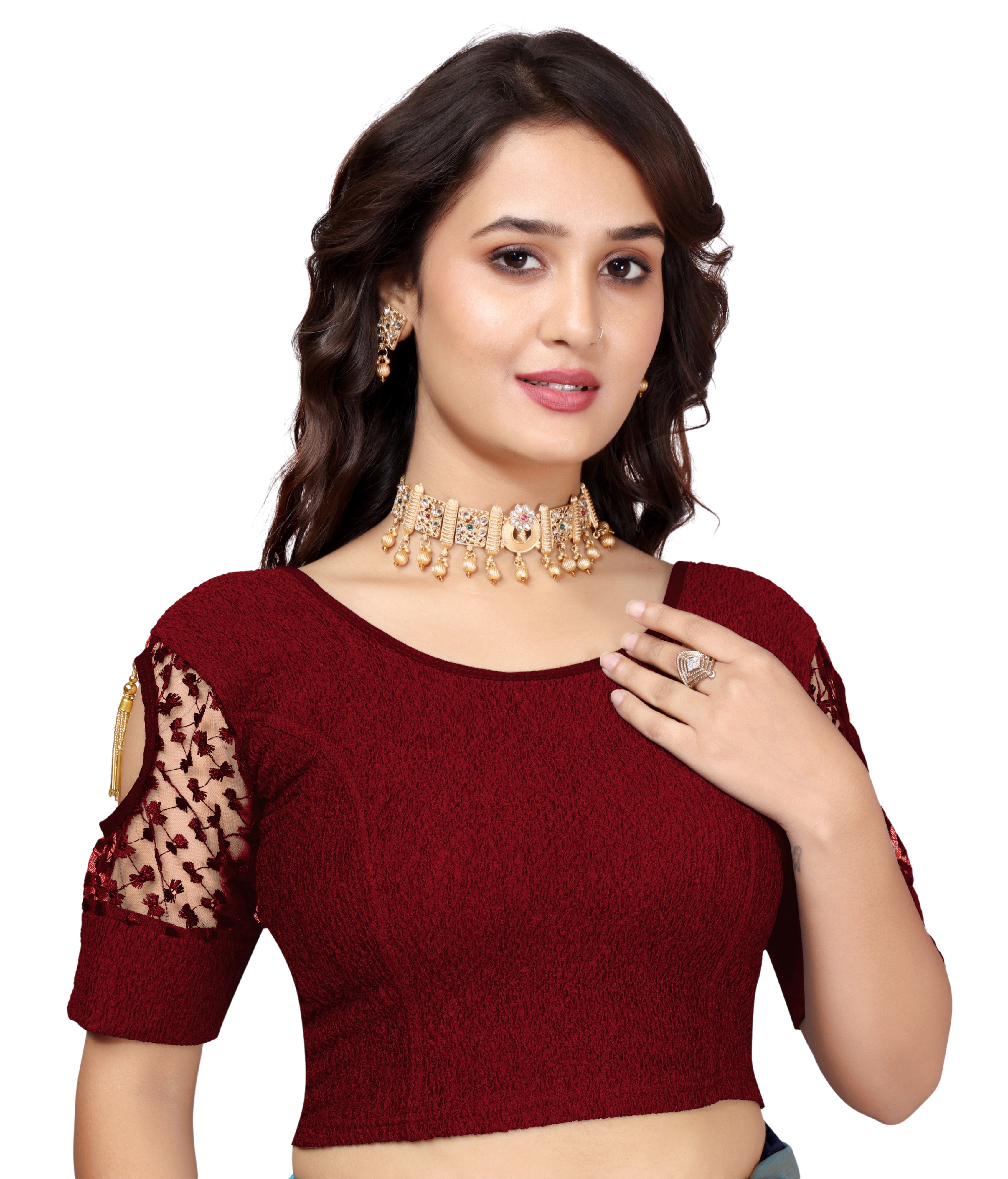 Stretchable Lycra Casual Round Neck Short Sleeves, Solid Lycra Blouse for Women, Fancy and Trendy blouse for girls and women With Stylist Net Pattern, New Designer Blouse