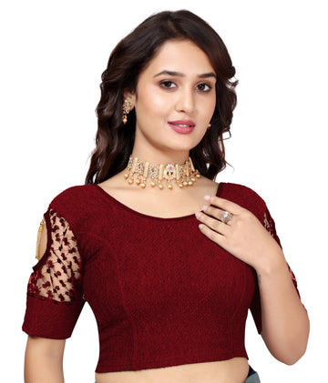 Stretchable Lycra Casual Round Neck Short Sleeves, Solid Lycra Blouse for Women, Fancy and Trendy blouse for girls and women With Stylist Net Pattern, New Designer Blouse