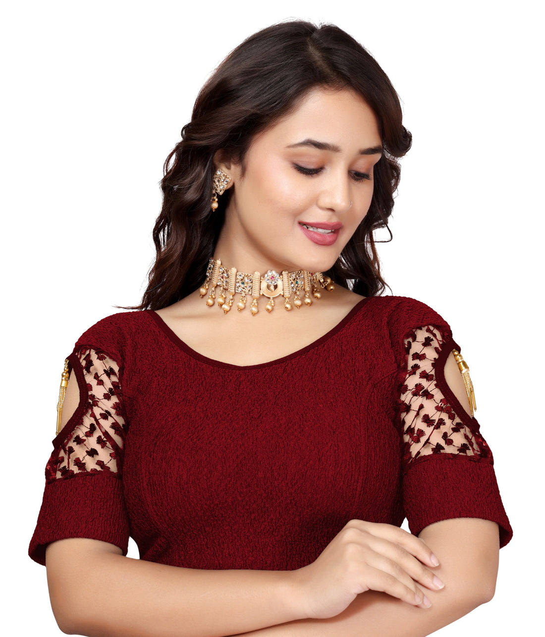 Stretchable Lycra Casual Round Neck Short Sleeves, Solid Lycra Blouse for Women, Fancy and Trendy blouse for girls and women With Stylist Net Pattern, New Designer Blouse