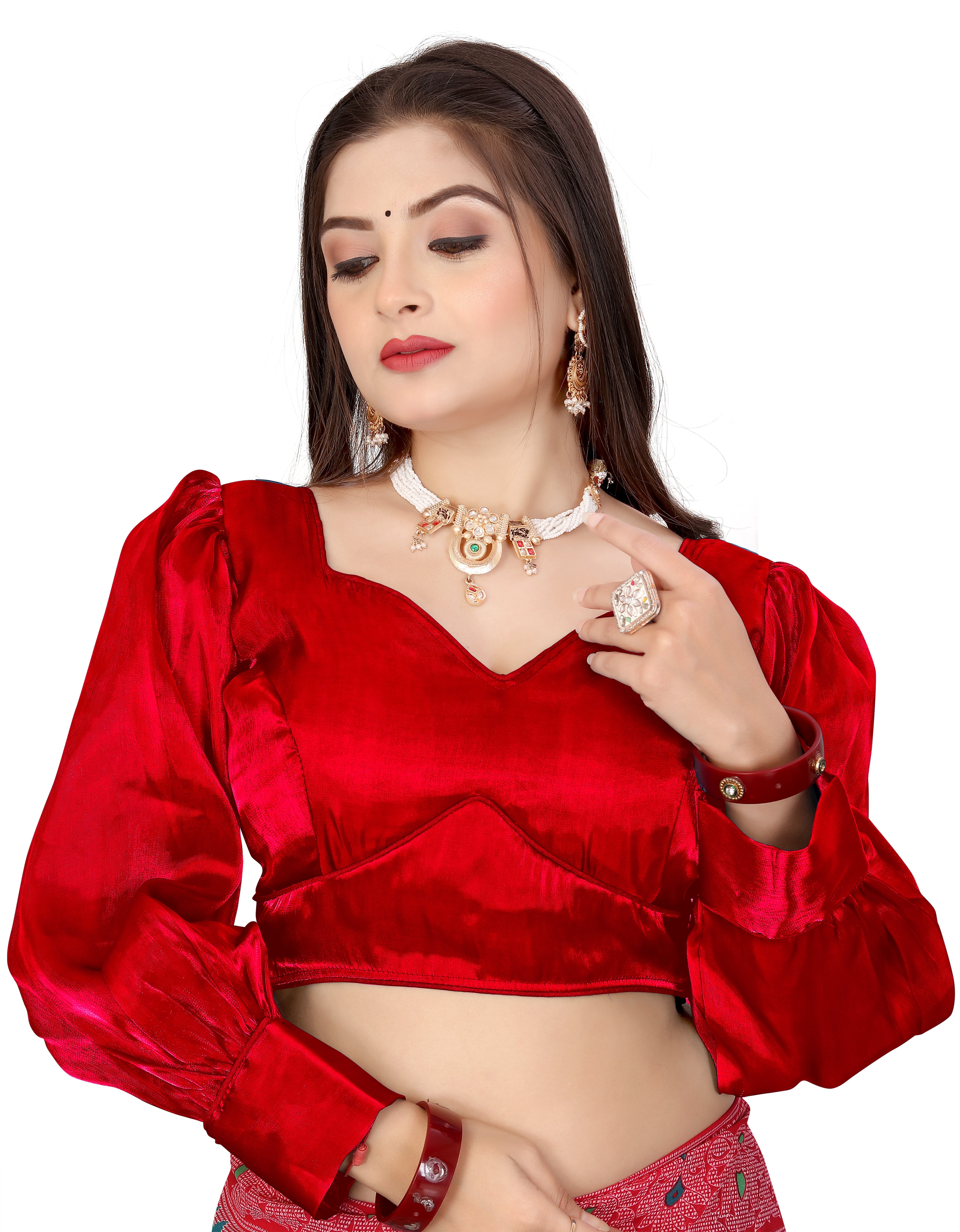 Fancy And Stylist Organza Party Wear Full Sleeve Blouse, V Neck Trending Saree Readymade Long Balloon Puff Sleeve Saree Blouse, Beautiful Blouse For Women.