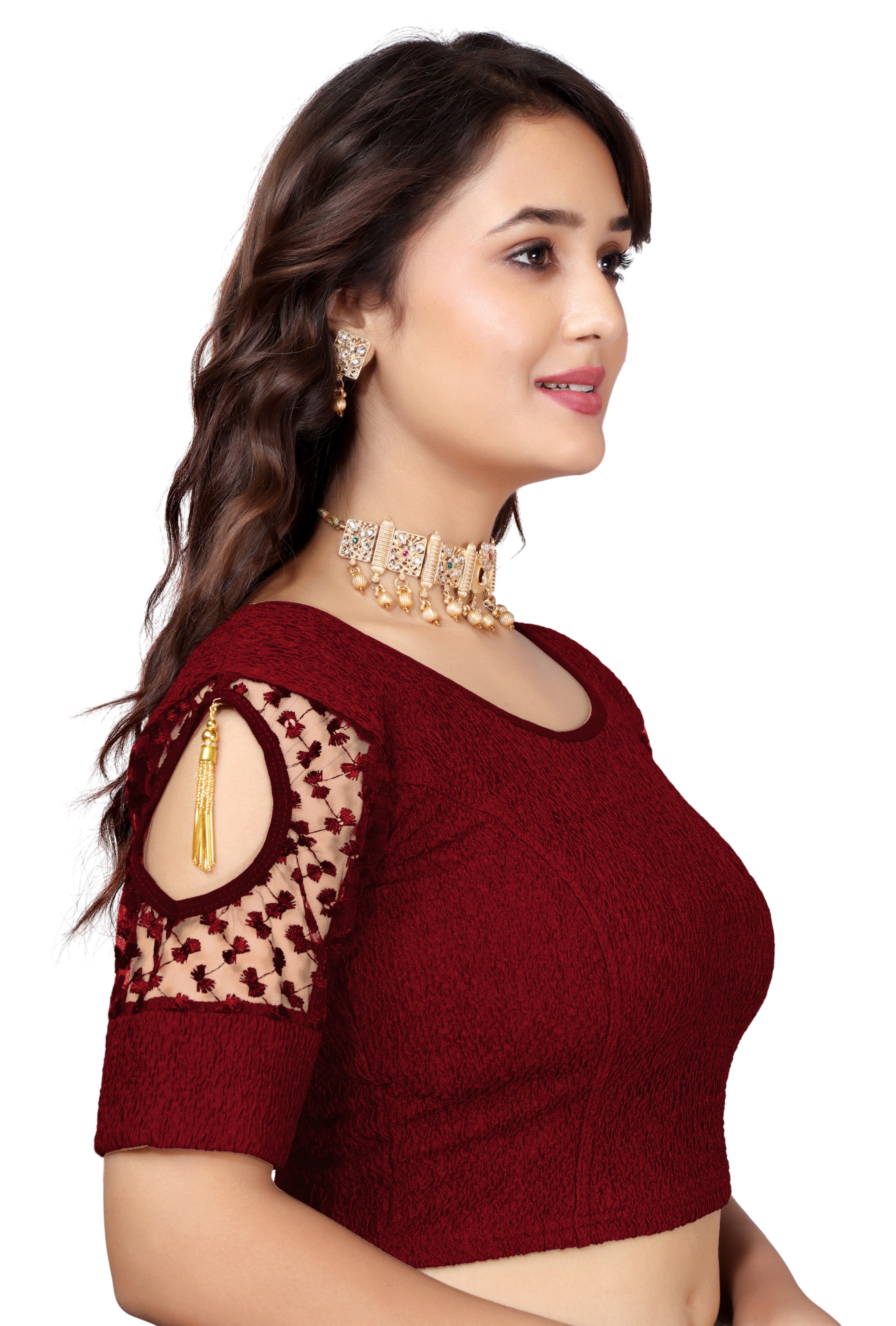 Stretchable Lycra Casual Round Neck Short Sleeves, Solid Lycra Blouse for Women, Fancy and Trendy blouse for girls and women With Stylist Net Pattern, New Designer Blouse