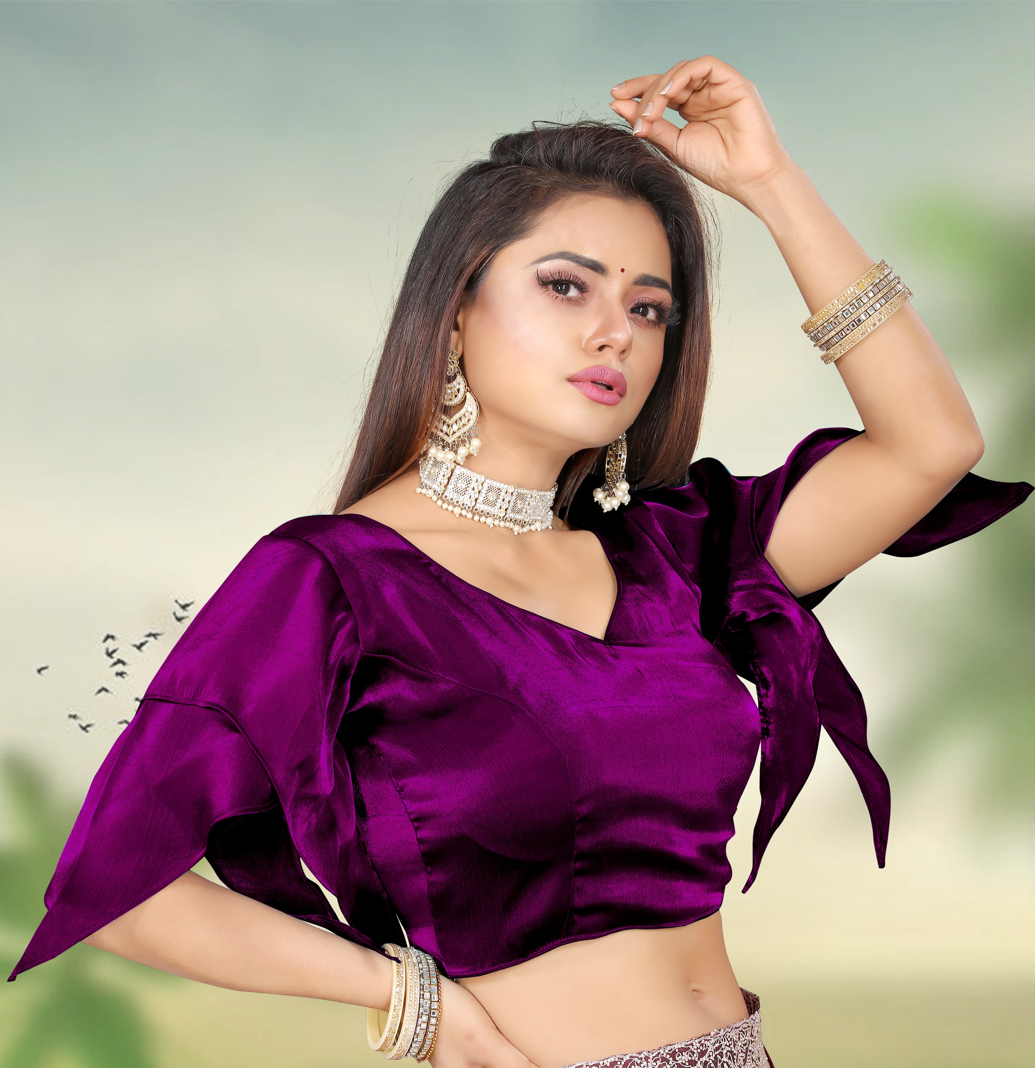 Beautiful Designer Zimmy Choo Organza Silk Blouse for Women with Butterfly Sleeves ,Perfect for Saree and Lehenga Styling, Ideal for Wedding, Party and Festive Wear