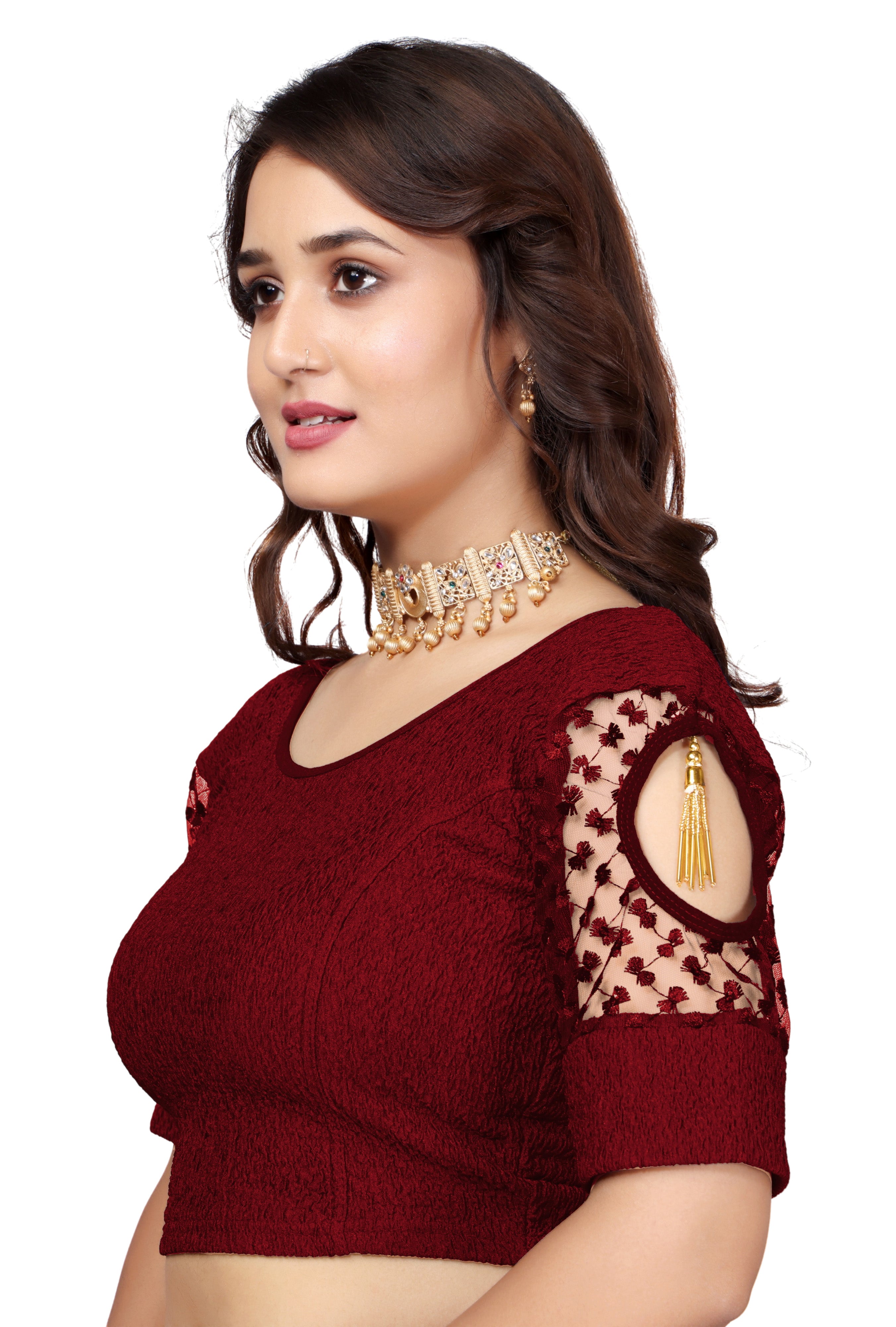 Stretchable Lycra Casual Round Neck Short Sleeves, Solid Lycra Blouse for Women, Fancy and Trendy blouse for girls and women With Stylist Net Pattern, New Designer Blouse