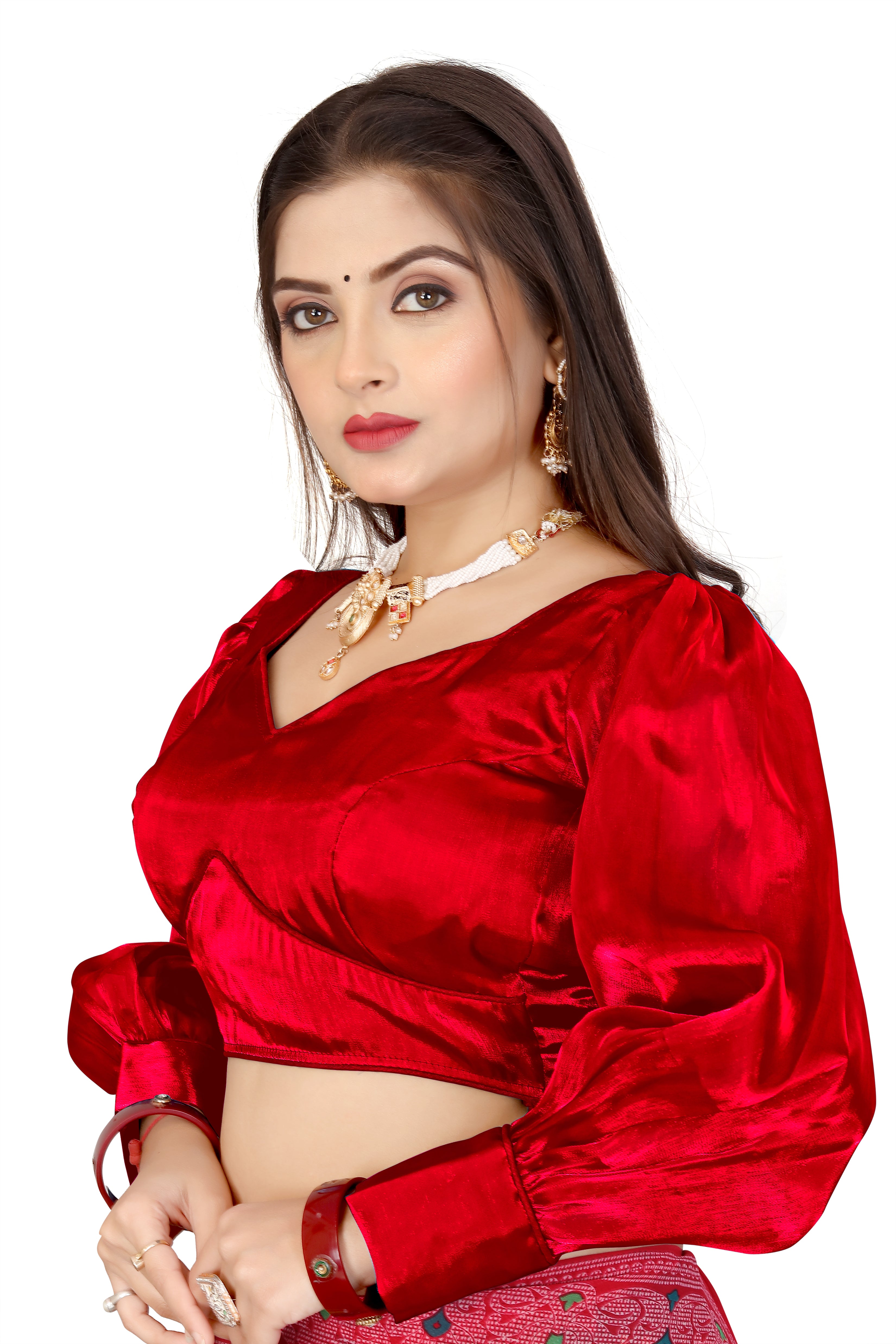 Fancy And Stylist Organza Party Wear Full Sleeve Blouse, V Neck Trending Saree Readymade Long Balloon Puff Sleeve Saree Blouse, Beautiful Blouse For Women.
