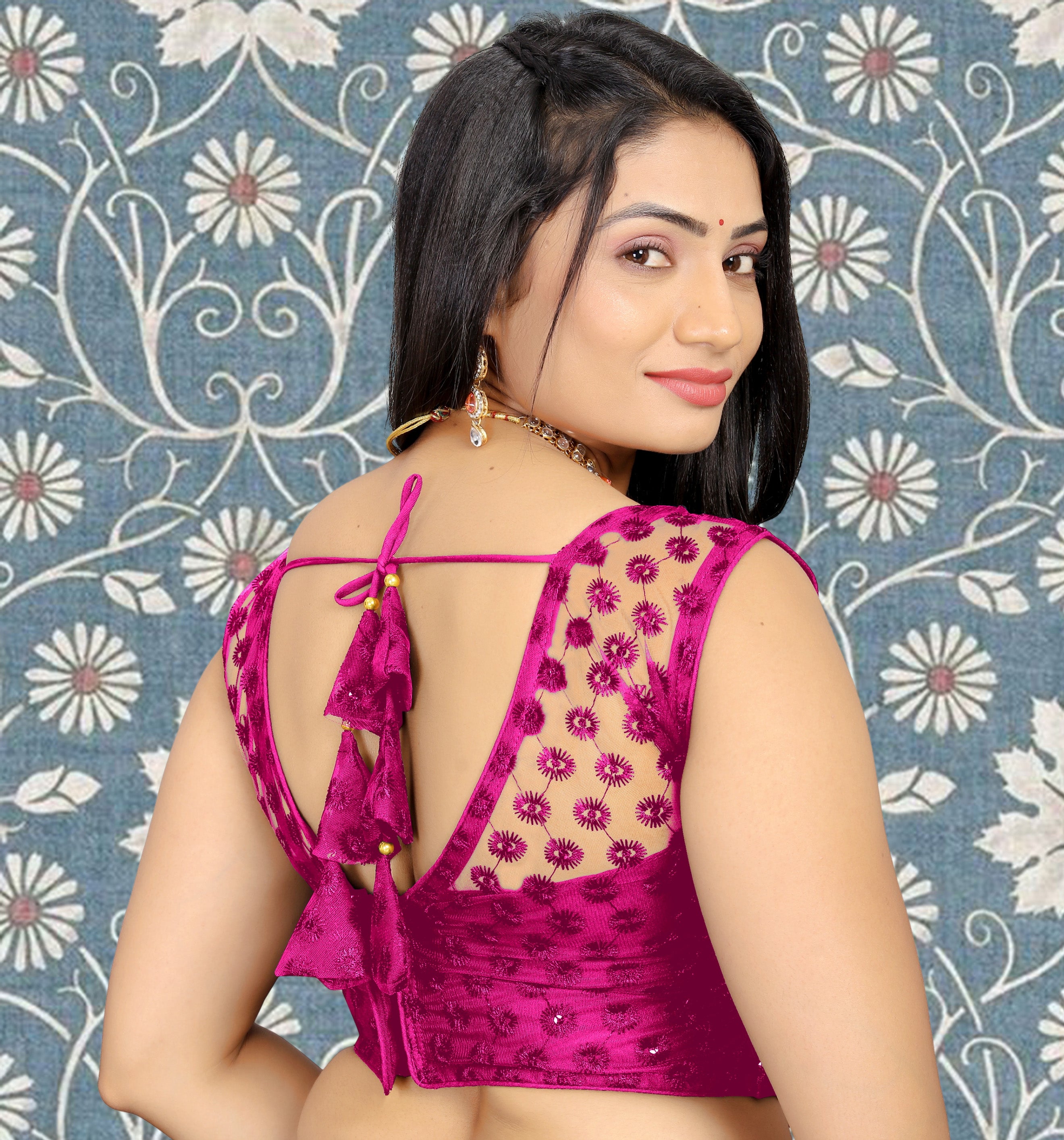 Full Stitched Sleeveless Net Blouse with Embroidery and Stylist Work Ready Made Net Blouse for Women